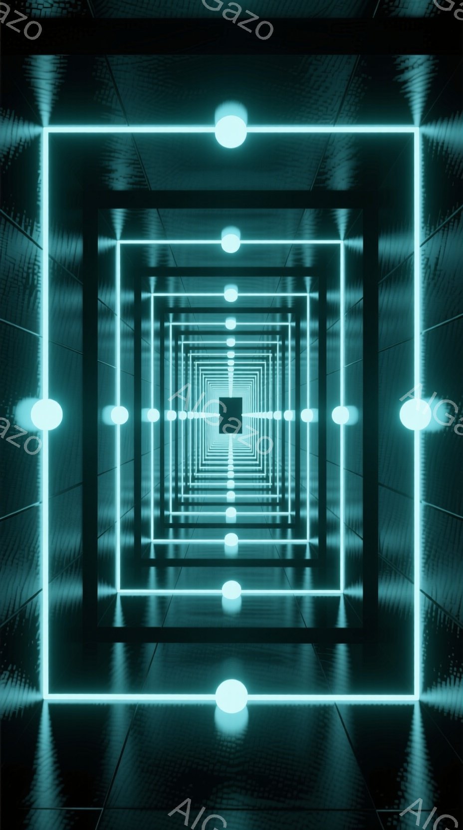 この画像は、ネオンライトで構成された無限に続くようなトンネルの内部を示しています。壁は暗いグレーで、光る白い球が規則的に並び、視覚的な奥行きを強調しています。全体的に、未来的で神秘的な雰囲気を醸し出しており、無限に続く空間を連想させます。