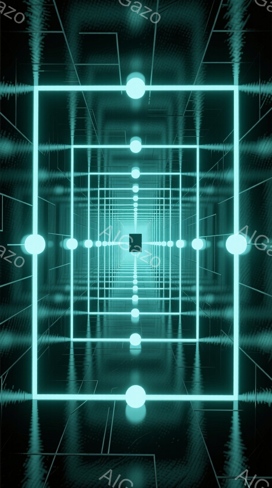 この画像は、発光する白い線で構成された無限に続くトンネルのような空間を描いています。線は水平方向と垂直方向に伸びており、遠近法によって奥行きが強調され、中央に光る点が並んでいます。全体的にサイバーパン - AI生成フリー素材