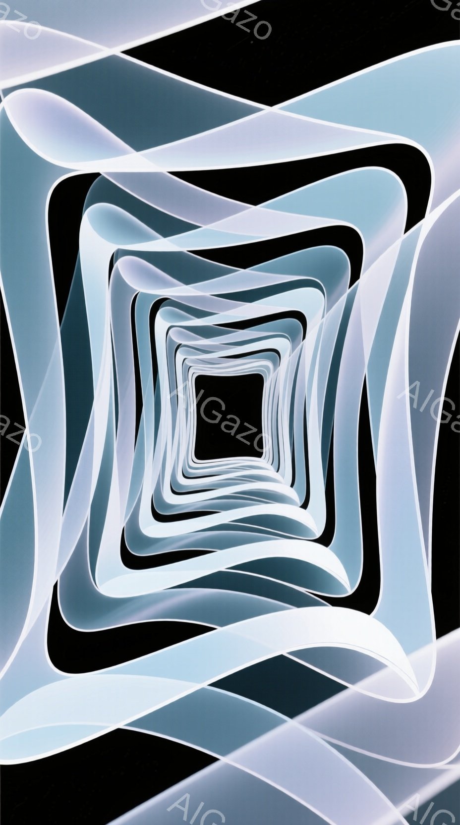 画像は、黒い背景を背景にした、同心円状に配置された白い流線形の形状が複数重なっている抽象的な構成です。これらの曲線は、中央に向かって徐々に小さくなる矩形に近い形を形成し、奥行きと無限の印象を与えます。滑らかで光沢のある質感が、現代的で未来的な雰囲気を醸し出しています。