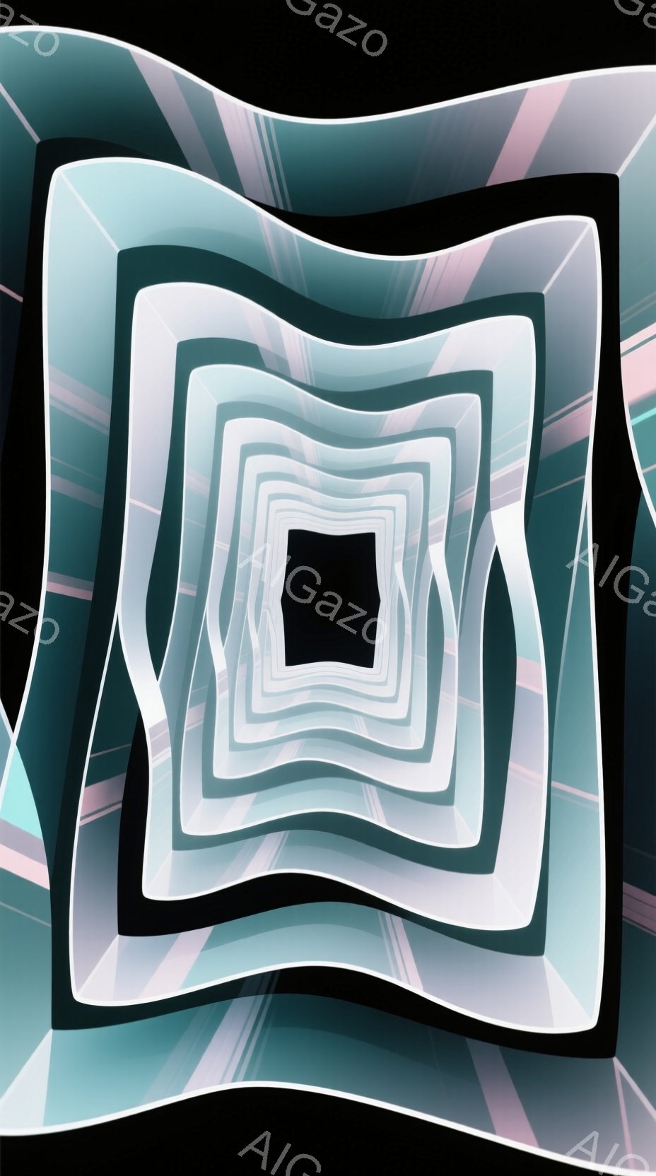 この画像は、黒い背景に複数の正方形が内側に重なって配置された抽象的な表現です。それぞれの正方形は光沢のある質感で、薄い青やピンクがかった色合いがグラデーションで繋がっています。まるで無限に続くトンネルのような視覚効果を生み出し、奥行きと神秘的な雰囲気を醸し出しています。