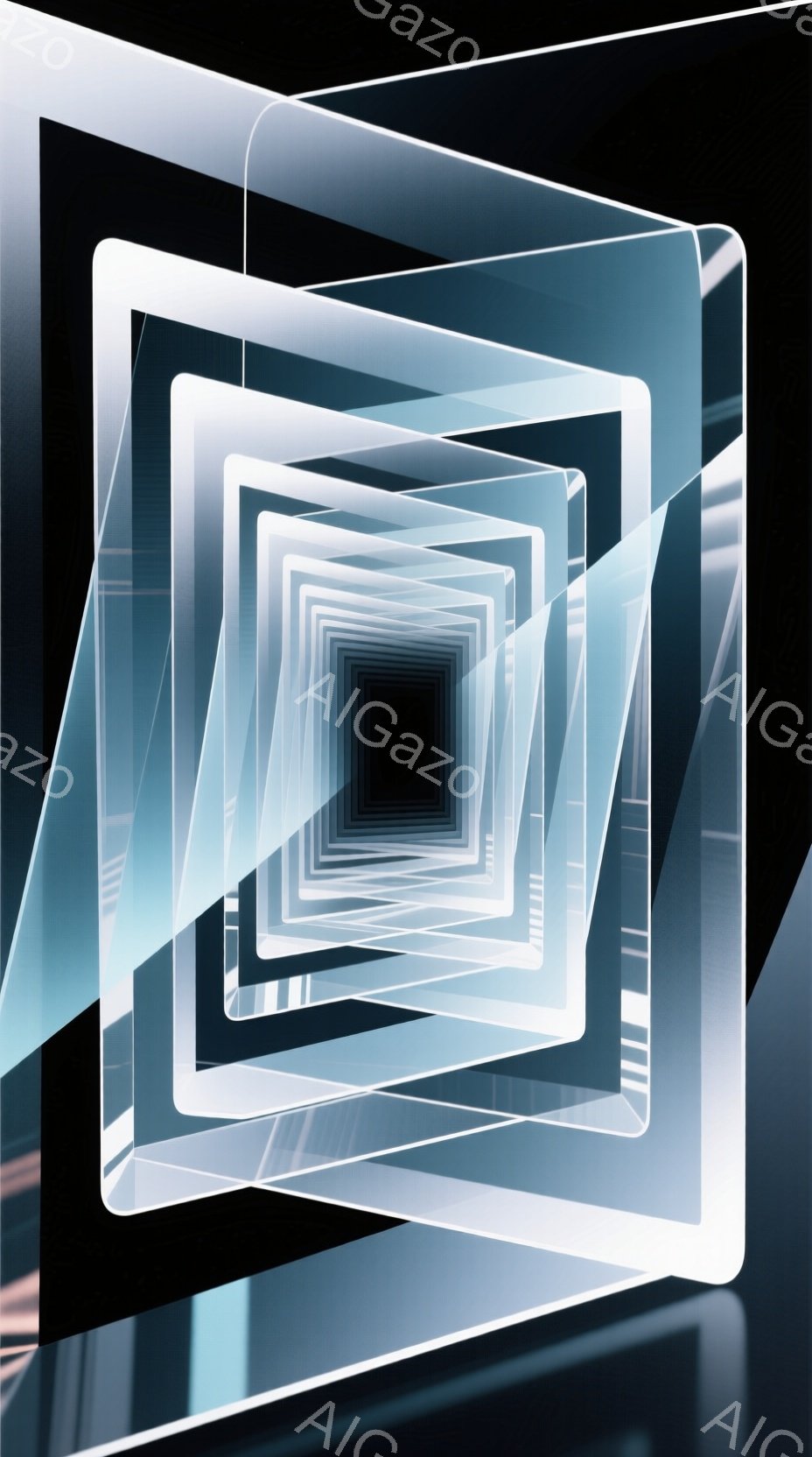 この画像は、互いに重なり合う複数の白い四角形が奥行きを強調するように配置された抽象的な構成です。四角形は光沢があり、未来的な印象を与え、中央に向かって徐々に小さくなるにつれて、無限のトンネルのような視覚効果を生み出しています。全体的に、クールでミニマルな雰囲気が特徴的で、デジタルアートやサイバー空間を連想させます。