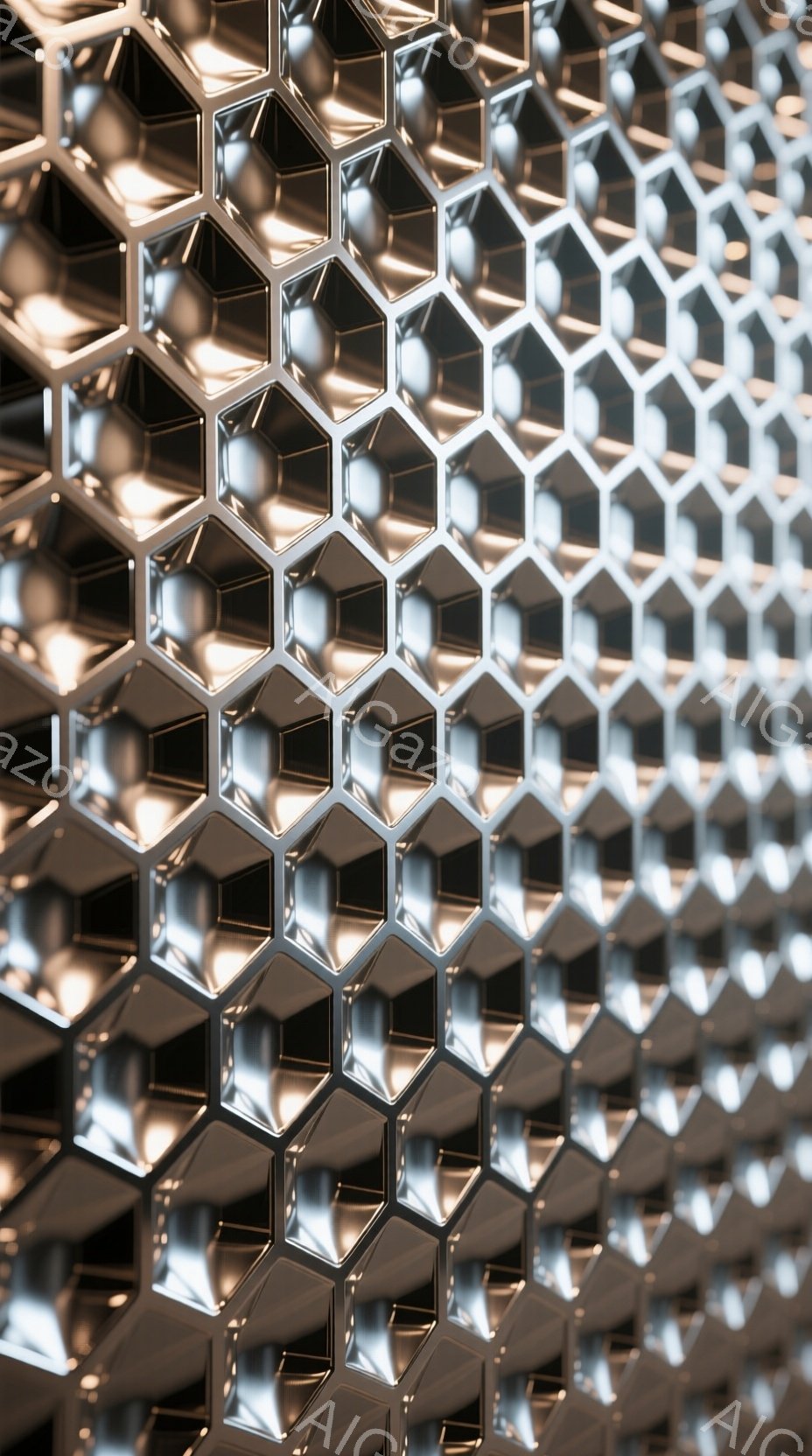 画像は、六角形のパネルが規則的に並んだ壁面のクローズアップです。各パネルは鏡面仕上げで光を反射し、内部から照らされているため、光沢と影のコントラストが印象的です。全体として、モダンで未来的な雰囲気を感 - AI生成フリー素材