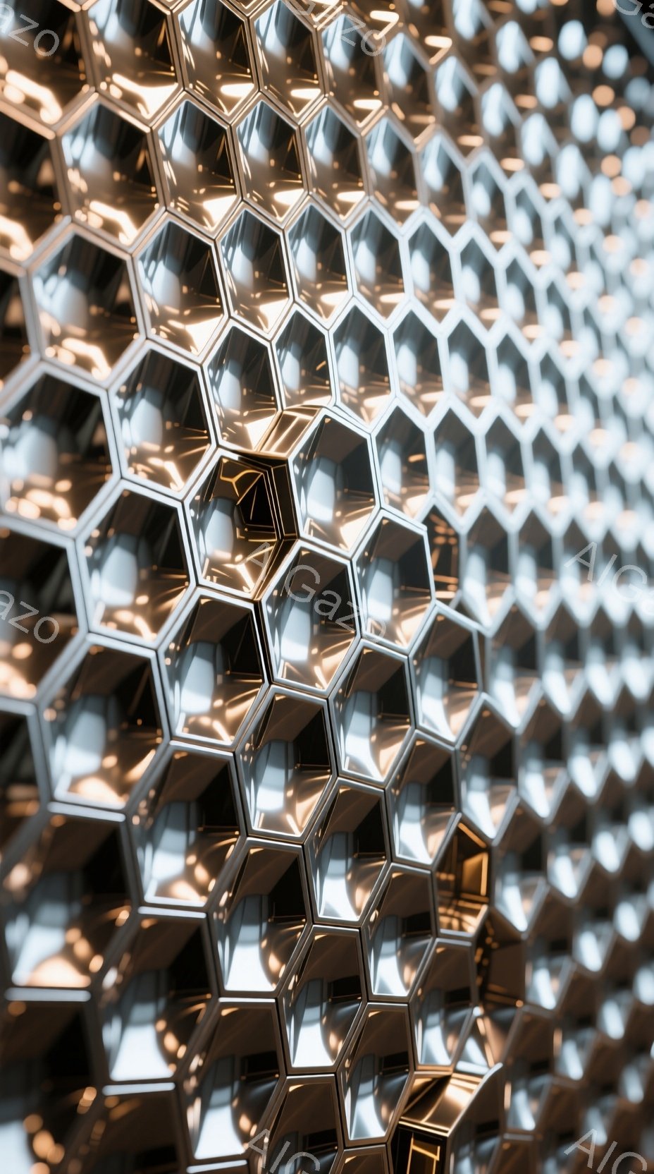 この画像は、無数の六角形のパネルが規則的に並んだ、メタリックなテクスチャのクローズアップです。パネルは光を反射し、それぞれの表面にハイライトと影を作り出し、独特の幾何学的なパターンを形成しています。全 - AI生成フリー素材