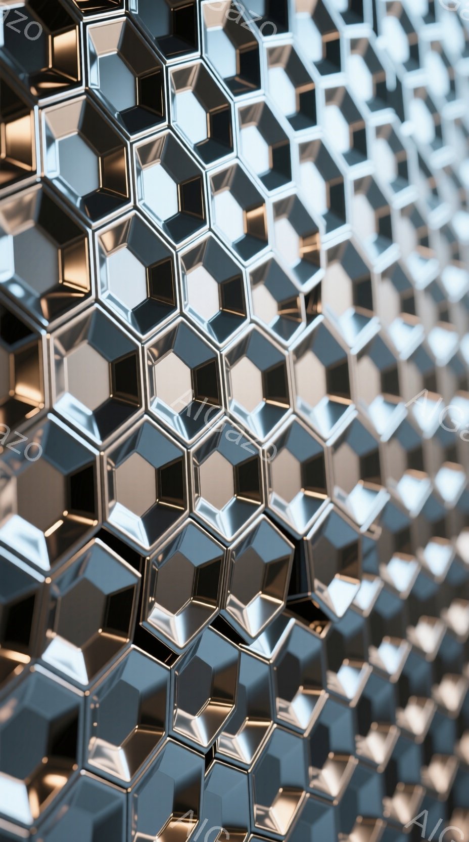 この画像は、蜂の巣のような六角形の構造が密集して並んだ、金属的なテクスチャのクローズアップです。各六角形は光を反射し、立体感と輝きを生み出しています。全体的に未来的で産業的な印象を与える、幾何学的なパ - AI生成フリー素材