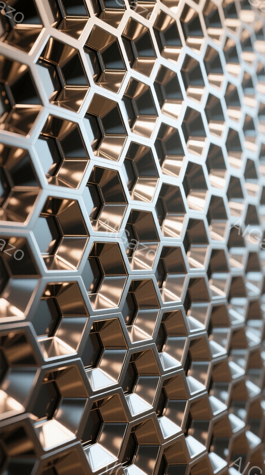 この画像は、六角形のパネルが規則的に並んだ壁面のクローズアップです。各パネルは金属のような光沢を持ち、光の反射によって複雑な模様が浮かび上がっています。全体的に、モダンで工業的な印象を与えるテクスチャです。