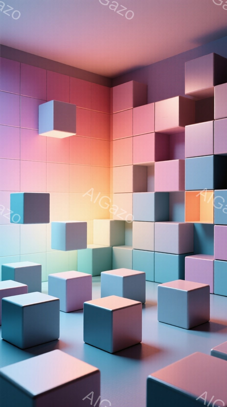 この画像は、様々なパステルカラーの立方体が積み重なって構成された部屋を描いています。立方体はピンク、水色、紫、オレンジ色など、グラデーションのように配置され、壁面にはさらに多くの立方体が並んでいます。全体的に、柔らかく、夢幻的で、ミニマリストな雰囲気が漂っています。