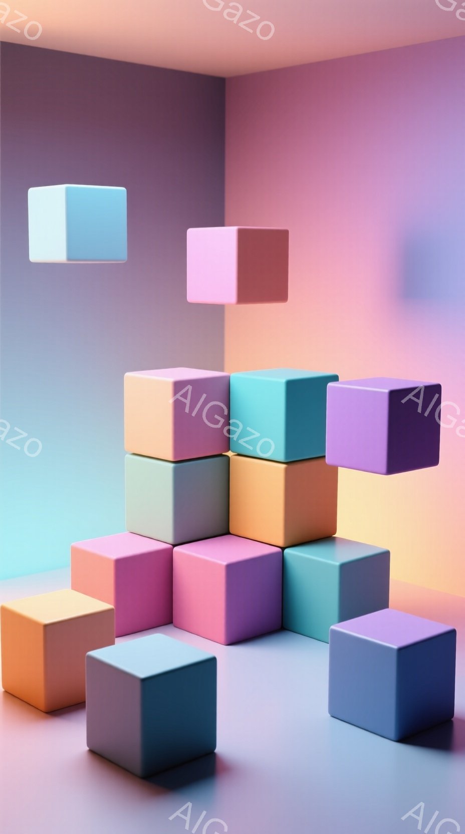 この画像は、様々なパステルカラーの立方体が、互いに積み重なり、あるいは宙に浮き、不規則な構成をなしている様子を描写している。背景は、淡い青からピンクへとグラデーションがかかった、抽象的な空間であり、立方体と一体となって、柔らかく夢幻的な雰囲気を醸し出している。全体的に、ミニマリズムと色彩豊かな表現が調和した、視覚的に心地よいイメージである。