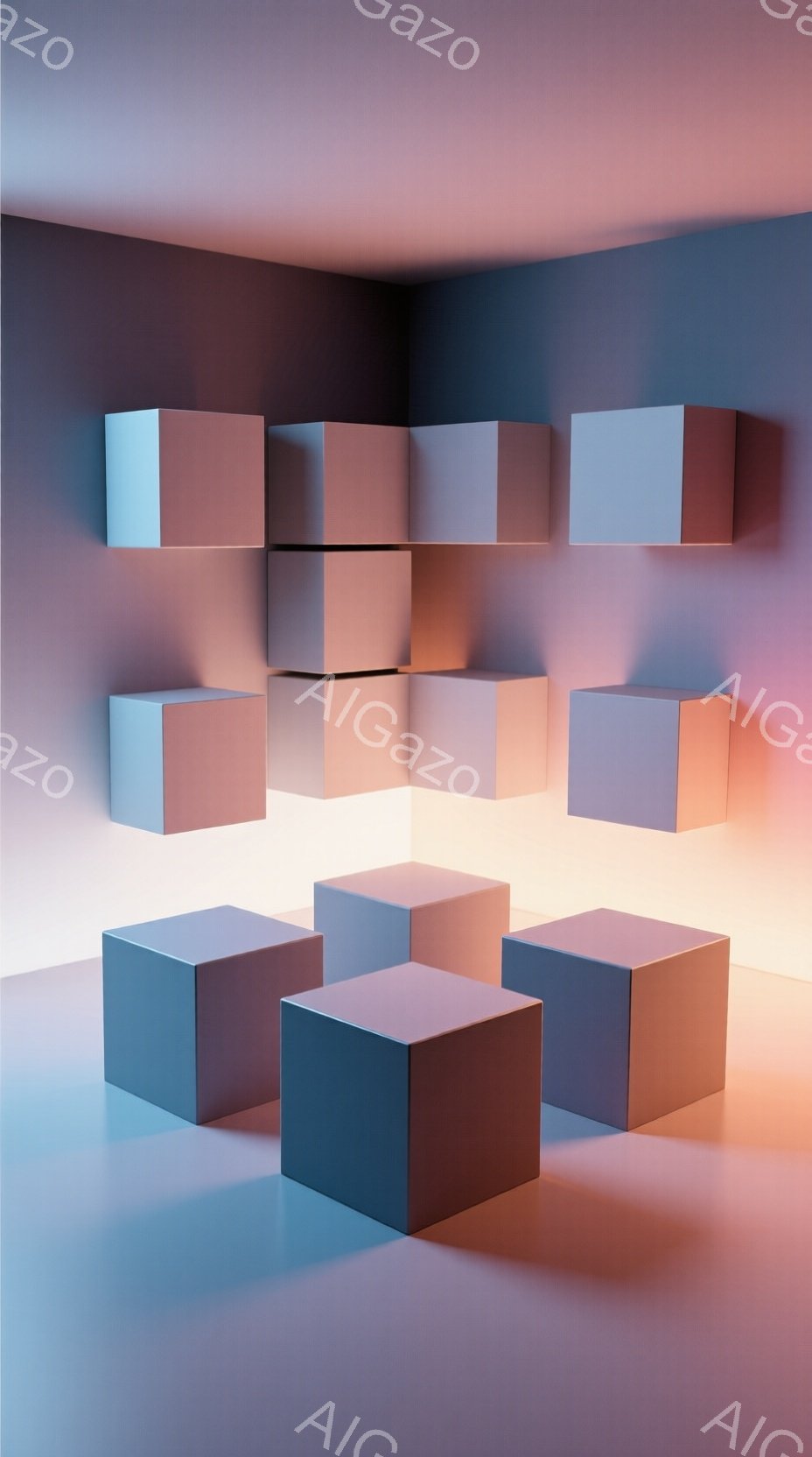 画像は、淡いピンクと水色のグラデーションの壁に囲まれた空間に、様々なサイズの立方体が配置された様子を描いています。立方体は、壁に沿って、そして床に沿って配置され、影が薄く落とされています。全体的に、ミニマルで抽象的な雰囲気を持ち、柔らかい光が空間全体を包み込んでいます。