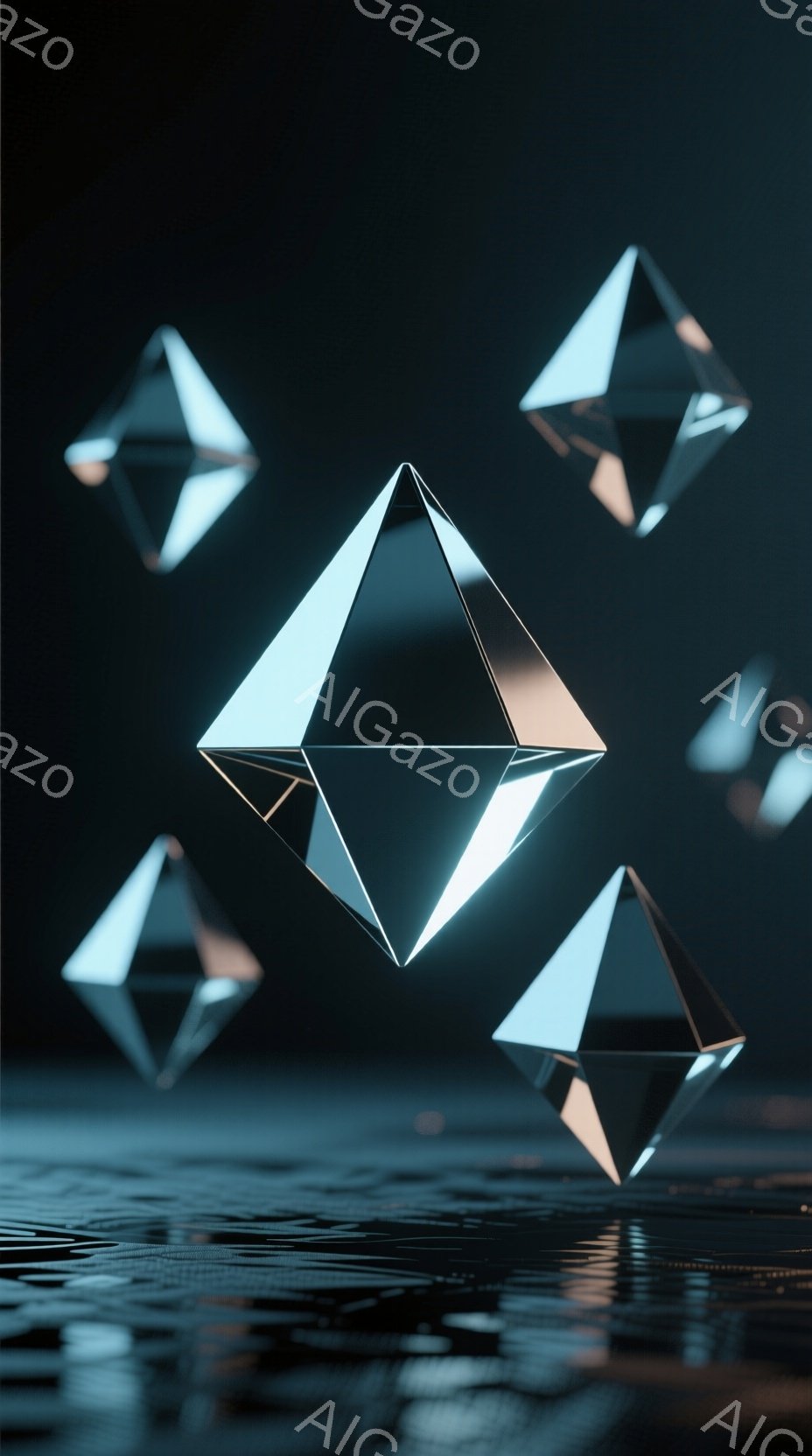 画像には、暗い背景に浮かぶ複数の透明な四角錐が写っています。四角錐は光沢があり、内部から青みがかった光を放っており、水面のような反射面の上に浮かんでいるように見えます。全体的に、神秘的で未来的な雰囲気を醸し出しています。