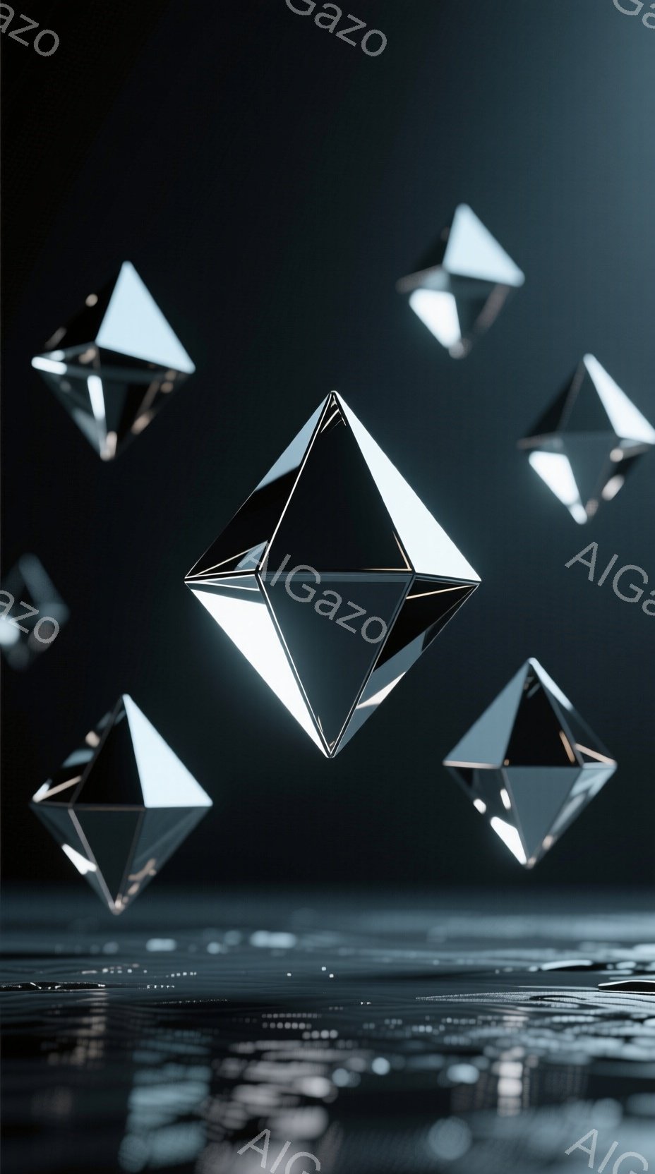 この画像は、暗い背景に浮かぶ複数のダイヤモンドのような多面体の3Dレンダリングです。光沢のある黒い表面に反射し、まるで宙に舞う氷の結晶のようです。全体的に神秘的で未来的、そして洗練された雰囲気を醸し出しています。