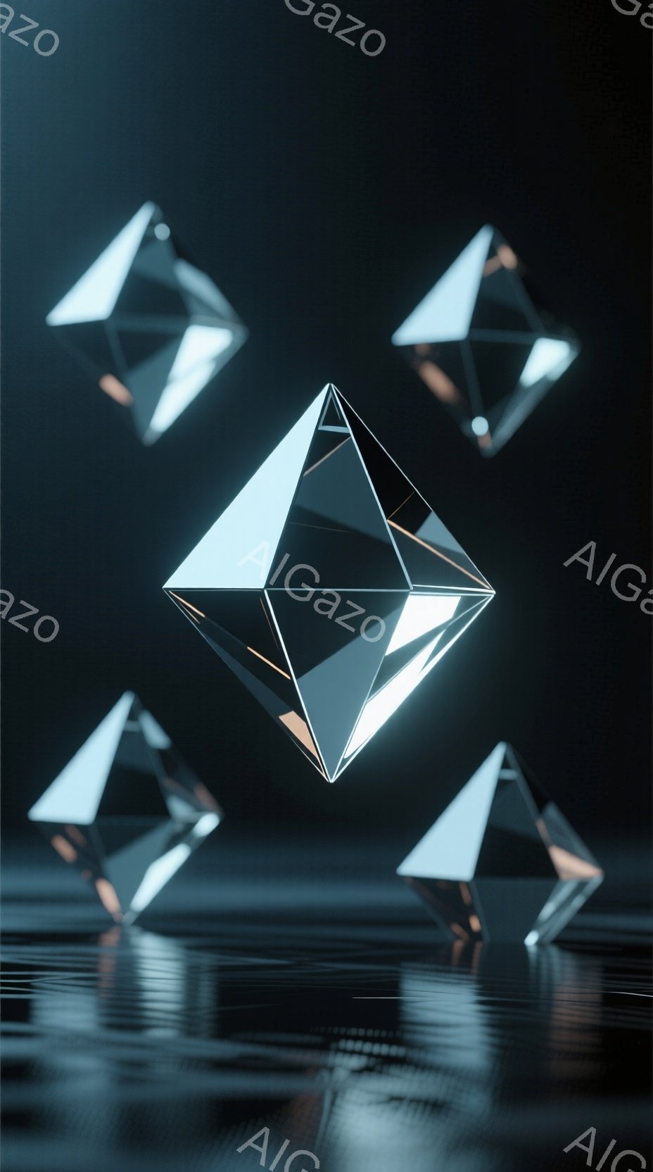 研磨されたダイヤモンドのような多面体オブジェクトが、暗い反射面の上に浮かび、配置されています。各多面体は光を反射し、表面にハイライトをつけ、全体的に洗練された現代的な雰囲気を醸し出しています。背景はぼやけており、焦点はこれらの幾何学的な形と、それらが作り出す光と影の相互作用にあります。