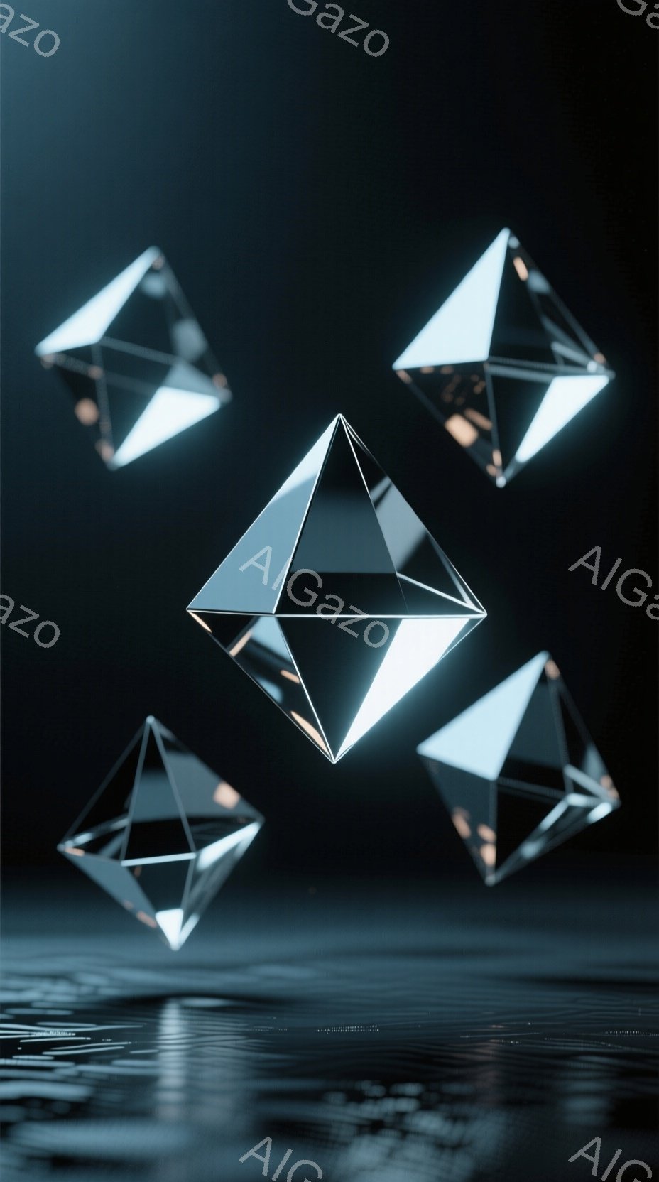 漆黒の背景に、透明感のあるピラミッド型の物体が複数、浮遊している様子が描かれている。物体は光沢があり、内側から発光しているように見え、周囲にわずかな影を落としている。下部にはぼんやりとした反射が見られ、水面または光沢のある表面を示唆している。