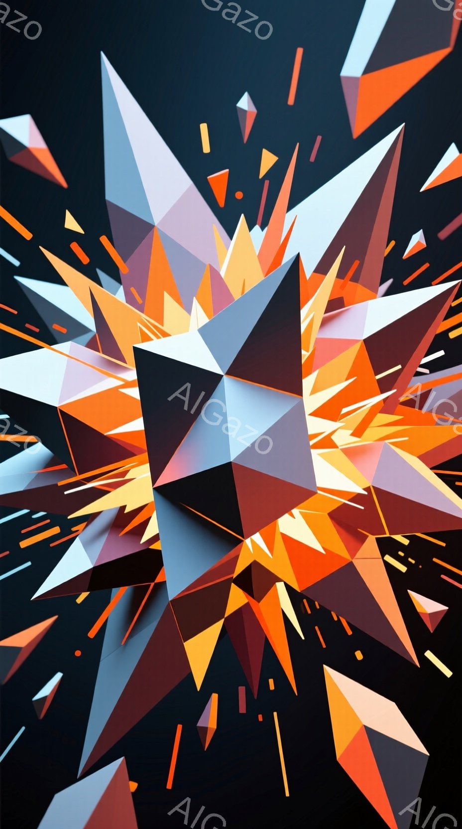 この画像は、多様な多角形が爆発するように配置された、抽象的なデジタルアート作品です。鮮やかなオレンジ、赤、白の色彩が組み合わさり、ダイナミックでエネルギッシュな印象を与えます。背景は暗く、多角形が際立ち、まるで宇宙空間で輝く結晶のようです。