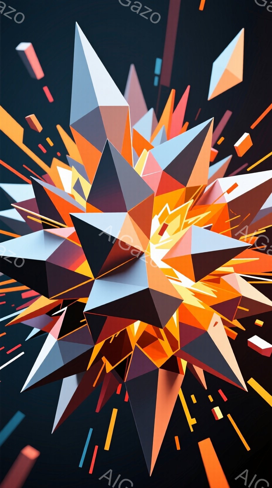 鮮やかなオレンジと黒を基調とした、幾何学的な破片が爆発的に広がる様子を描いた抽象的な画像です。光沢のある三角形や四角形の破片が、中心から四方八方に飛散し、ダイナミックでエネルギッシュな印象を与えます。背景は暗く、破片の鮮やかさを際立たせており、まるで光と影の衝突を描いたような、強烈な視覚効果を生み出しています。