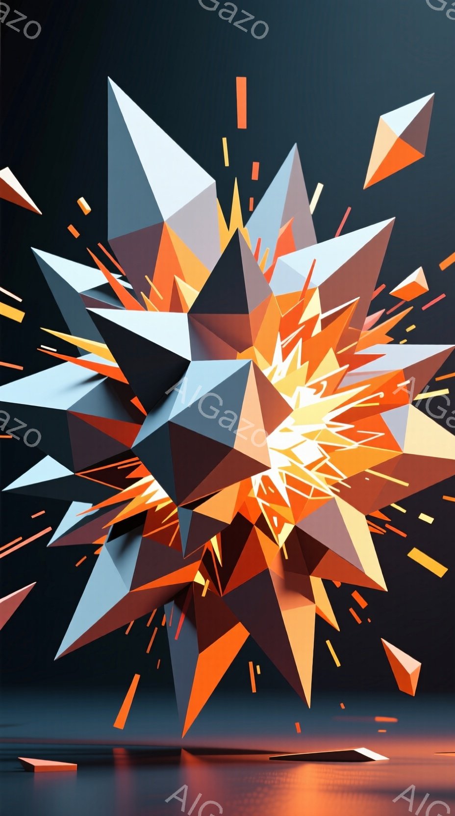 この画像は、鮮やかなオレンジと白の多角形の破片が爆発的に広がる様子を描いています。破片は、まるで光の粒子のように空間に飛び散り、中央には強い光が集中しています。背景は暗く、床面が光を反射して、未来的でダイナミックな雰囲気を醸し出しています。