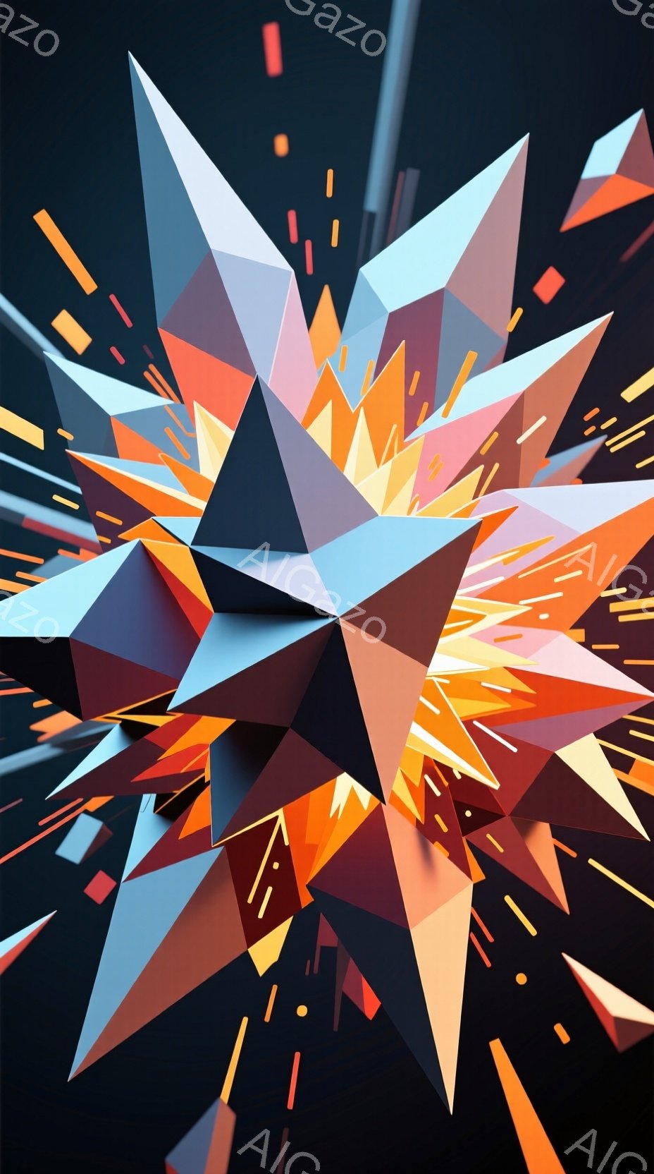 鮮やかなオレンジと水色が中心に集まり、多角形の破片が爆発するように広がっています。背景は暗く、光の筋が星のように散らばり、全体的にダイナミックでエネルギーに満ちた印象を与えます。幾何学的な構成は、未来 - AI生成フリー素材