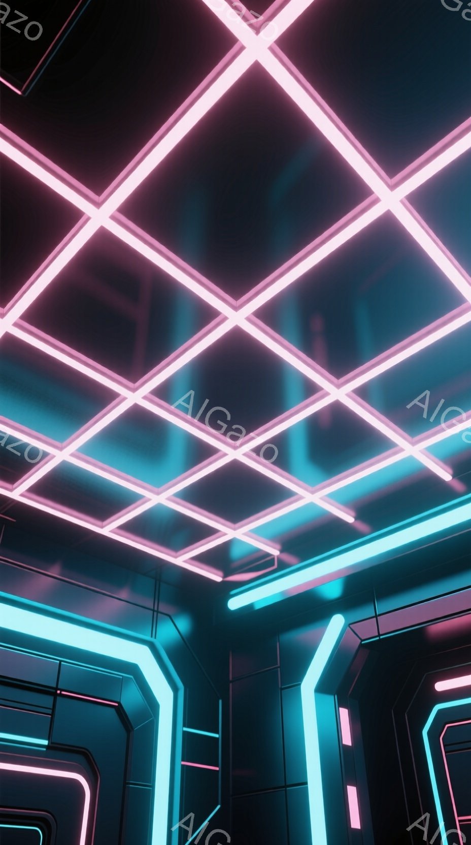 この画像は、未来的な廊下の内部を描写しており、鮮やかなネオンピンクと青色の光が複雑な幾何学模様を形成しています。壁面は暗く、光のラインが浮かび上がり、SF映画のような雰囲気を作り出しています。全体的に - AI生成フリー素材