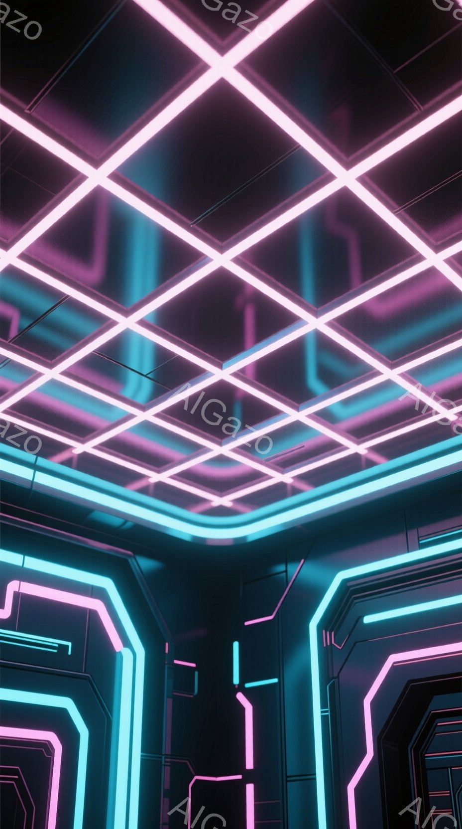 この画像は、ネオンライトで照らされた未来的な空間を描いています。ピンクとターコイズブルーの光が、幾何学的な線で構成された壁と天井に走っており、サイバーパンクやゲームの世界を彷彿とさせます。暗闇に浮かび上がる光のパターンは、テクノロジーとアートが融合した独特の雰囲気を醸し出しています。
