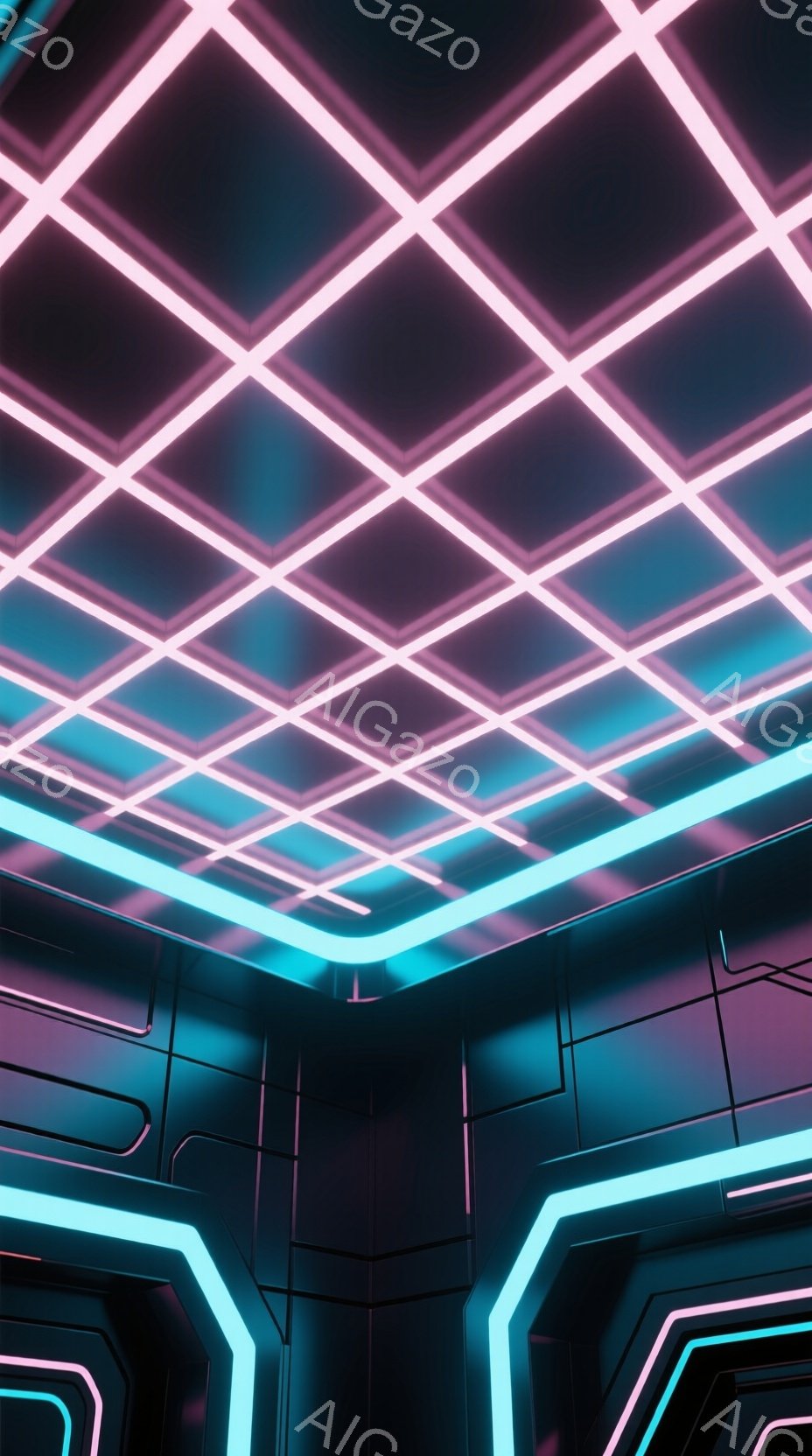 この画像は、未来的な光のトンネルの内部を示しています。壁と天井は黒色のパネルで構成され、鮮やかなネオンブルーとピンク色のラインが幾何学的なパターンで配置されています。全体的に、この画像はサイバーパンク - AI生成フリー素材