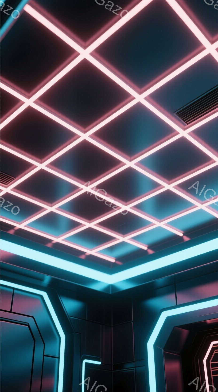 漆黒の壁面に、鮮やかなピンクと水色のネオンライトが格子状に走る近未来的な空間が描かれている。壁面は幾何学的な凹凸があり、ライトの光を反射して独特の雰囲気を醸し出している。全体的にクールでサイバーパンクな印象を与えるインテリアデザインである。
