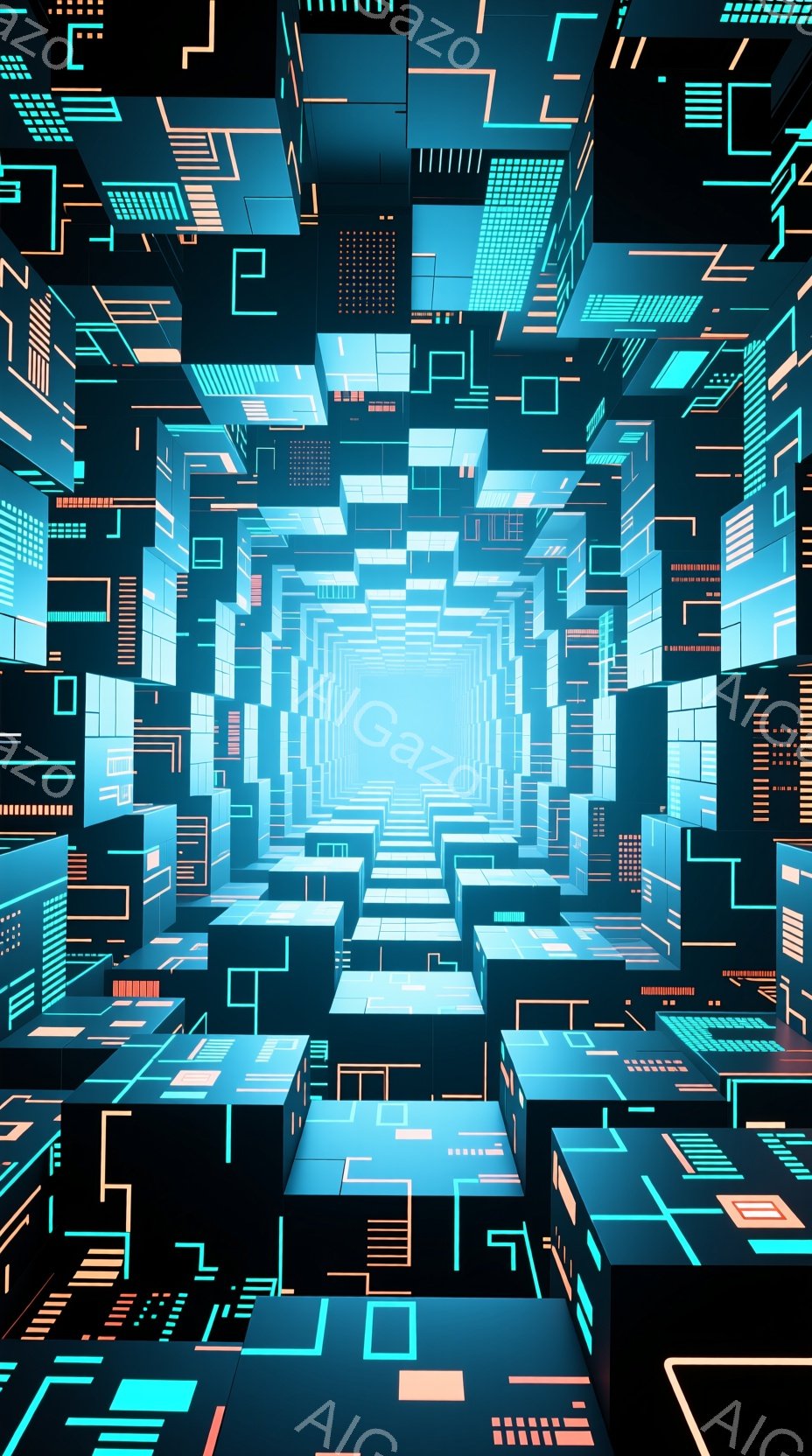 鮮やかなネオンカラーで構成された無限に続く迷路のような空間が描かれている。幾何学的なブロックが規則的に並び、遠近法によって奥行きが強調され、未来的な雰囲気を作り出している。全体的に冷たい光が支配してお - AI生成フリー素材