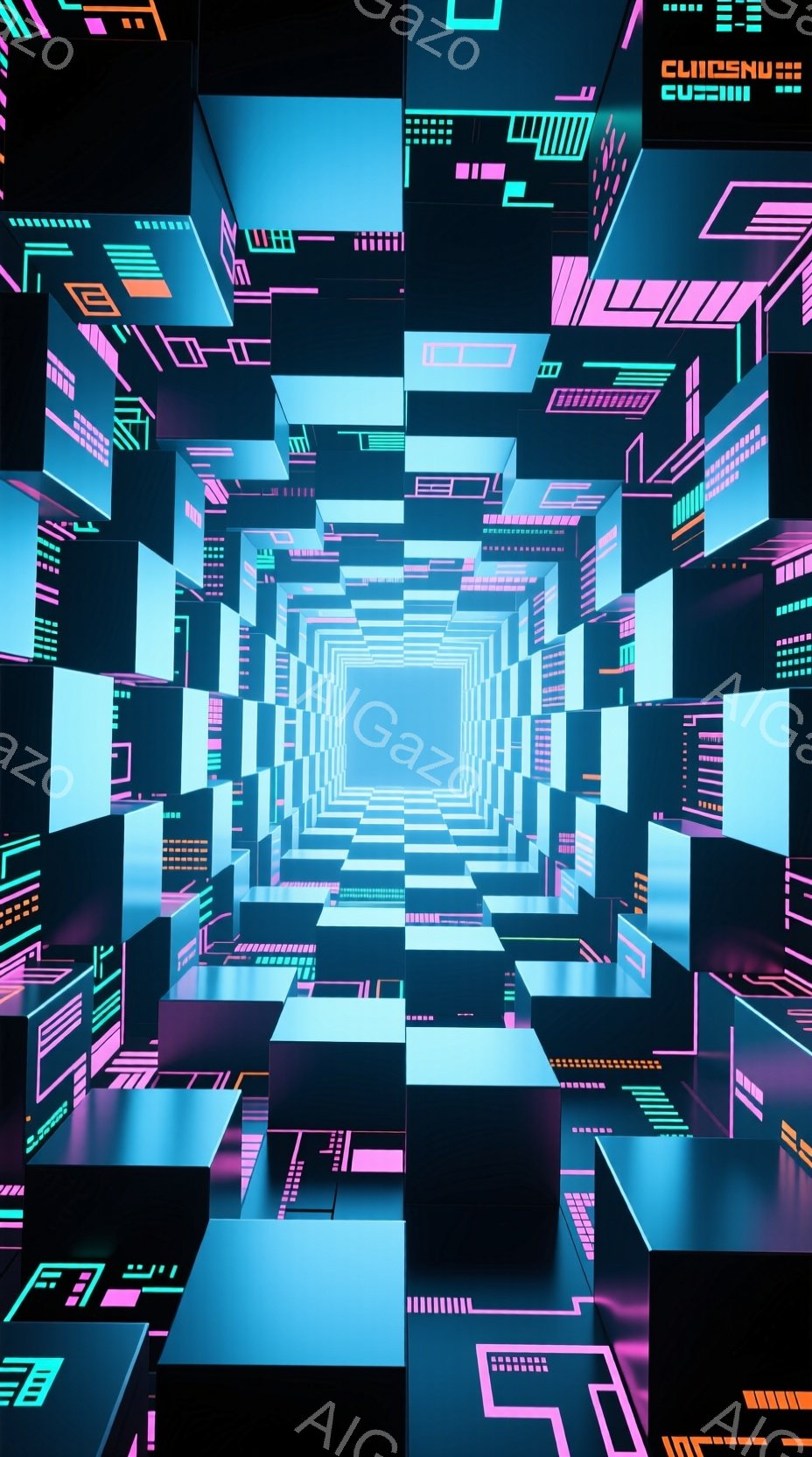 この画像は、ネオンカラーで照らされた無限に続く迷路のような空間を描いています。幾何学的なブロックが複雑に積み重なり、未来的な都市景観を形成しており、鮮やかなピンクと青色の光が独特の雰囲気を醸し出しています。全体的にサイバーパンク風で、奥行きと光のコントラストが印象的な作品です。