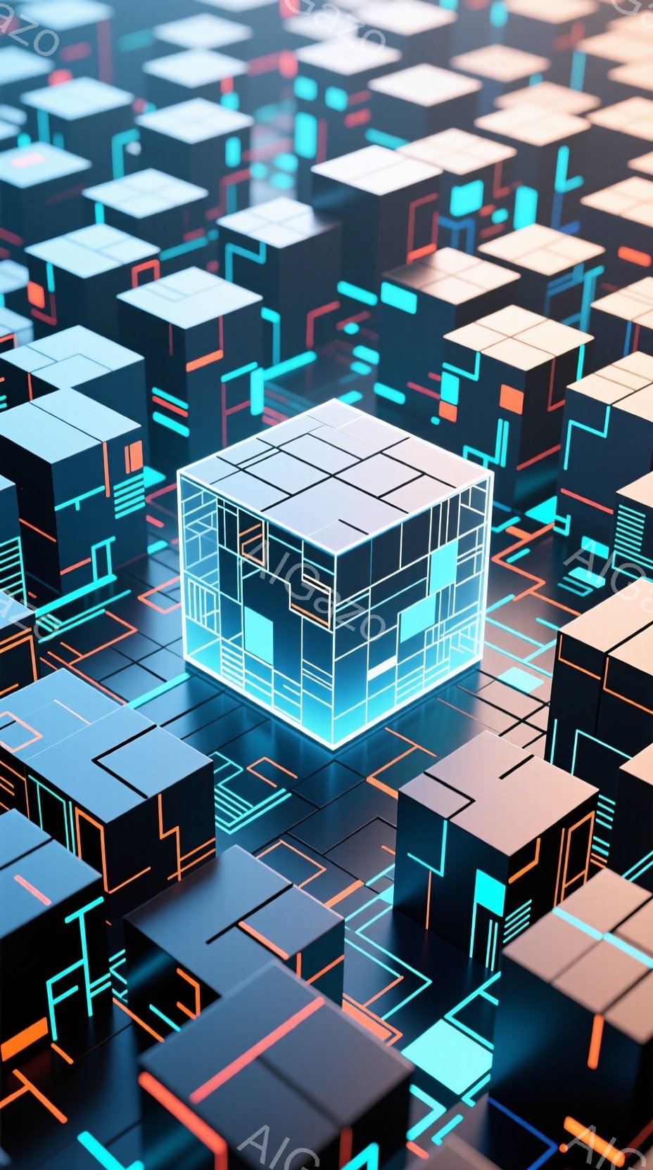 画像は未来的な都市景観を描いており、多数の光る立方体が複雑なパターンで配置されています。中央には、より大きく、明るい青色に輝く立方体が位置し、周囲の立方体よりも目立っています。全体的に、ネオンライトの - AI生成フリー素材