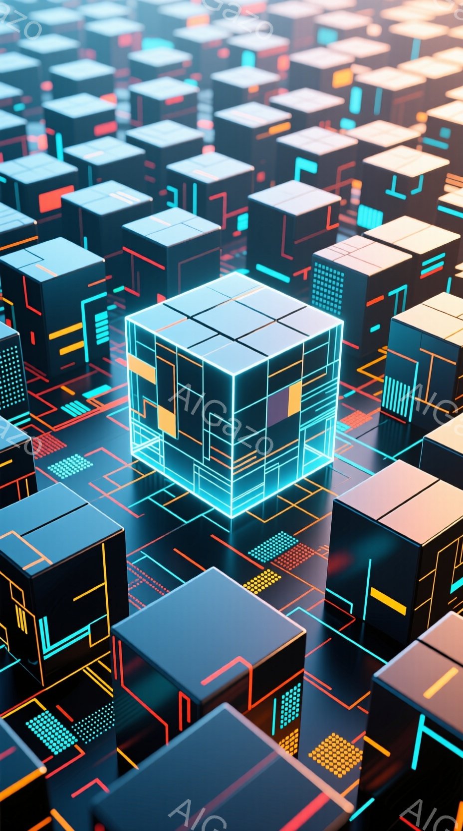 この画像は、未来的な都市景観を描いたデジタルアート作品です。無数のキューブ状の建造物が複雑に配置され、ネオンライトのような輝きを放っています。中央には、他のキューブよりも大きく、明るい緑色のラインが走るキューブが存在し、まるで都市の中心を象徴しているかのようです。