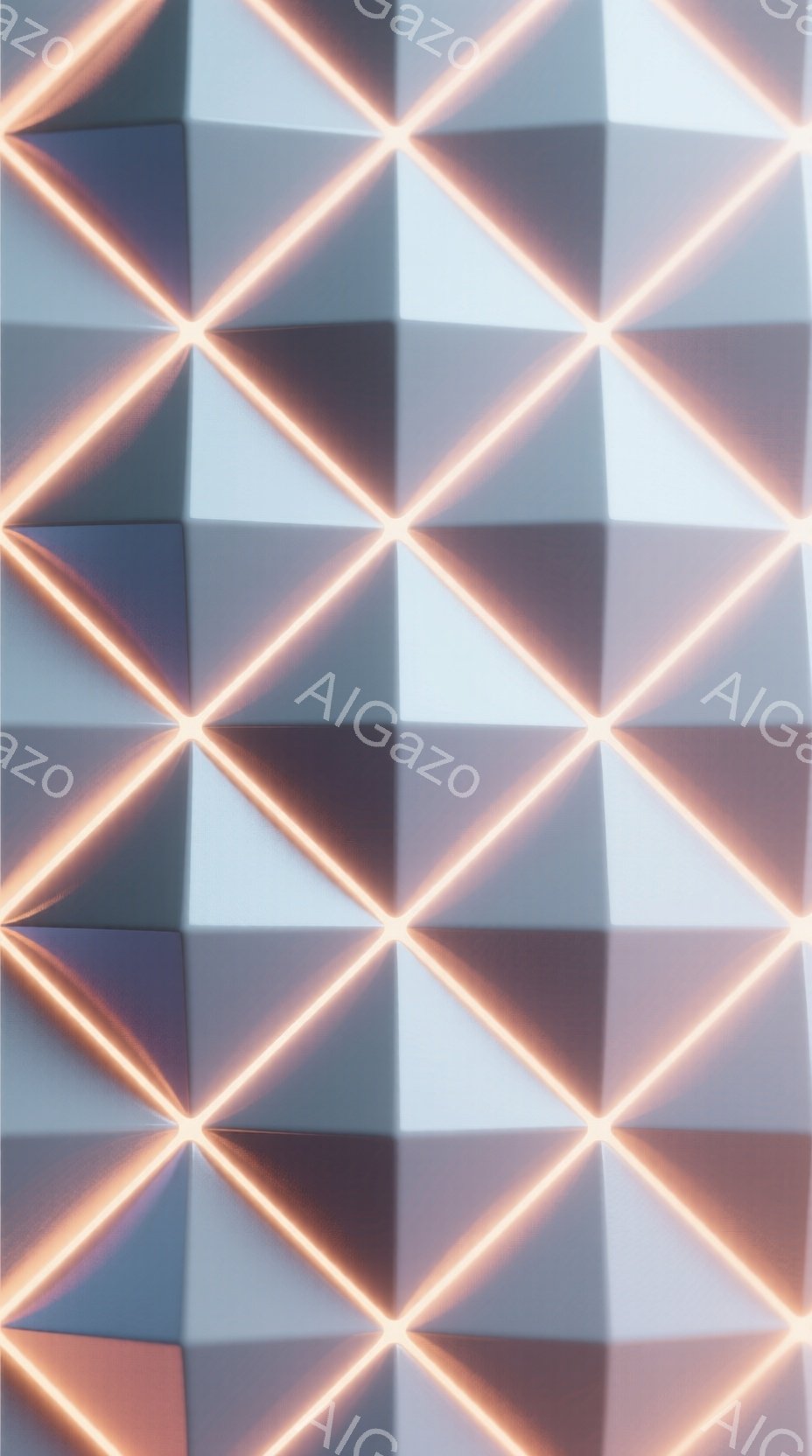 この画像は、規則的に配置された多角形の壁面が特徴的です。各多角形は、微妙な陰影によって立体感があり、中央を走る光のラインによって、未来的な印象を与えます。全体的にクールで、幾何学的で洗練された雰囲気が漂っています。