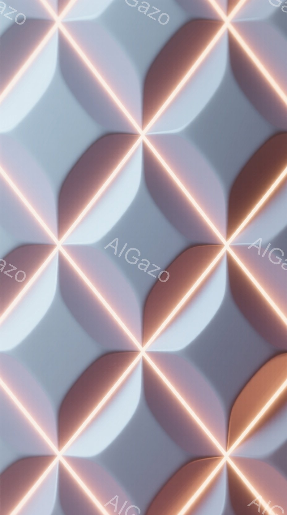 灰色の背景に、柔らかい光を放つオレンジ色の線が格子状に交差する抽象的な画像です。線は立体的な白い形状と交わり、奥行きと影を生み出しています。全体的に、モダンでミニマルな雰囲気であり、未来的なテクノロジーを感じさせます。