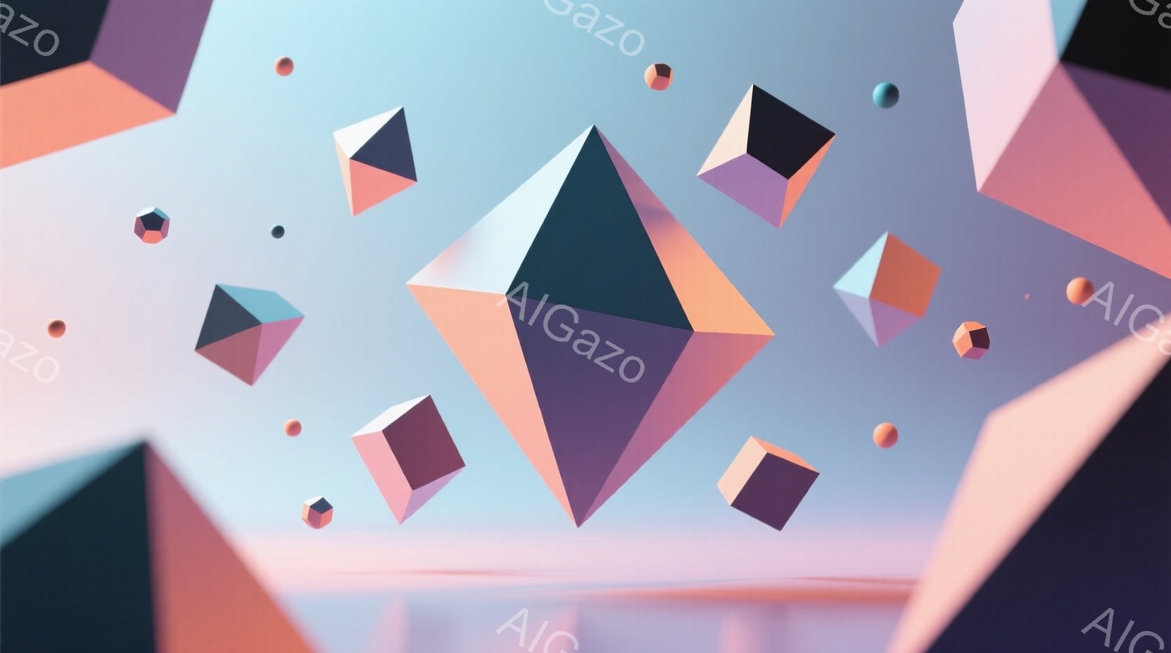 鮮やかなパステルカラーの多面体が空中に浮かび、抽象的な空間を構成している。背景は淡い水色とオレンジ色のグラデーションで、柔らかく幻想的な雰囲気を醸し出している。形は立方体、三角錐、複雑な多面体など様々で、光沢のある表面が反射し、奥行きを与えている。