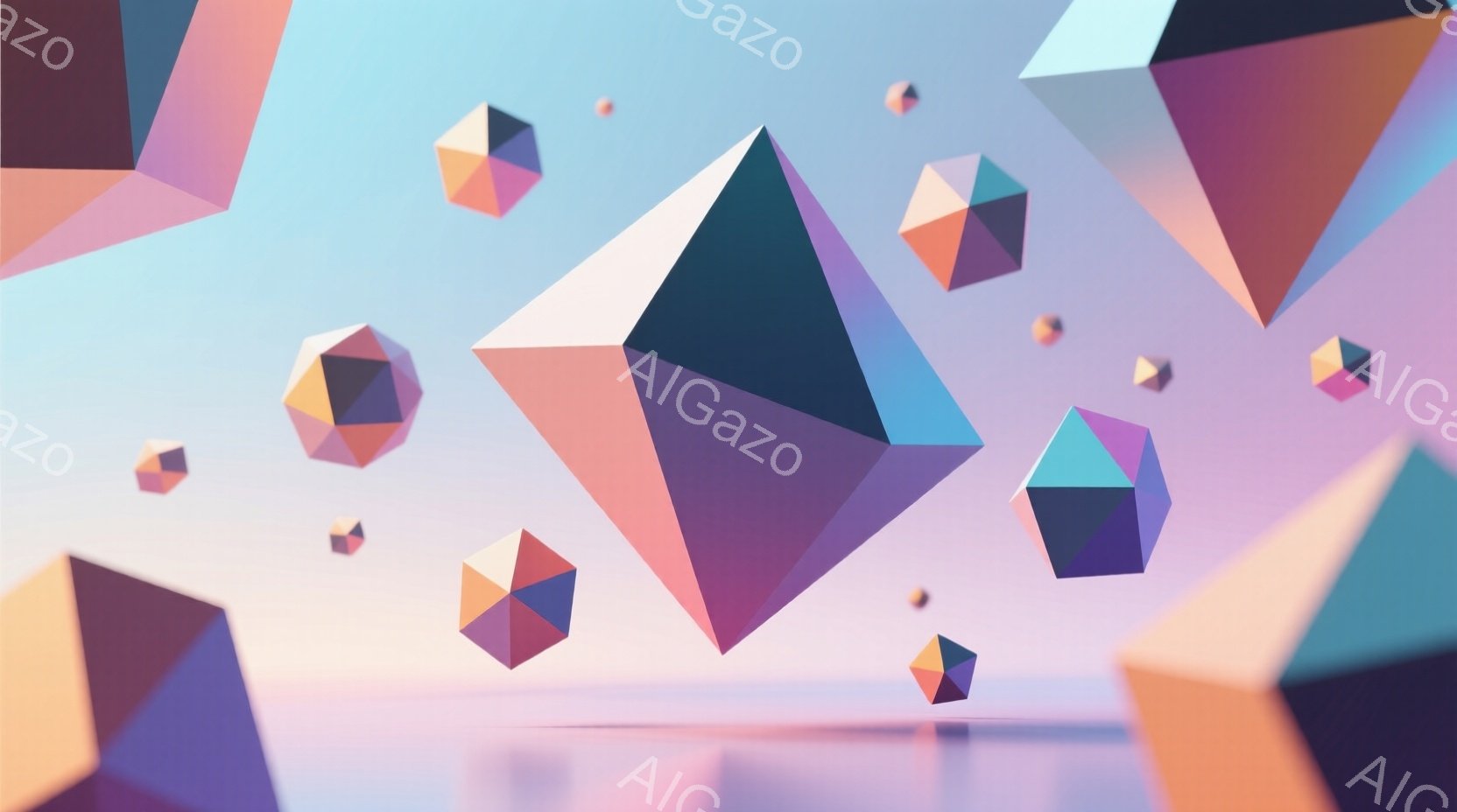 この画像は、様々な色合いの多面体が宙に浮遊している様子を描いています。背景は淡いピンクと水色でグラデーションがかかっており、地面は薄いピンク色で表現されています。全体的に穏やかで夢幻的な雰囲気が漂い、抽象的で幾何学的な美しさを感じさせます。