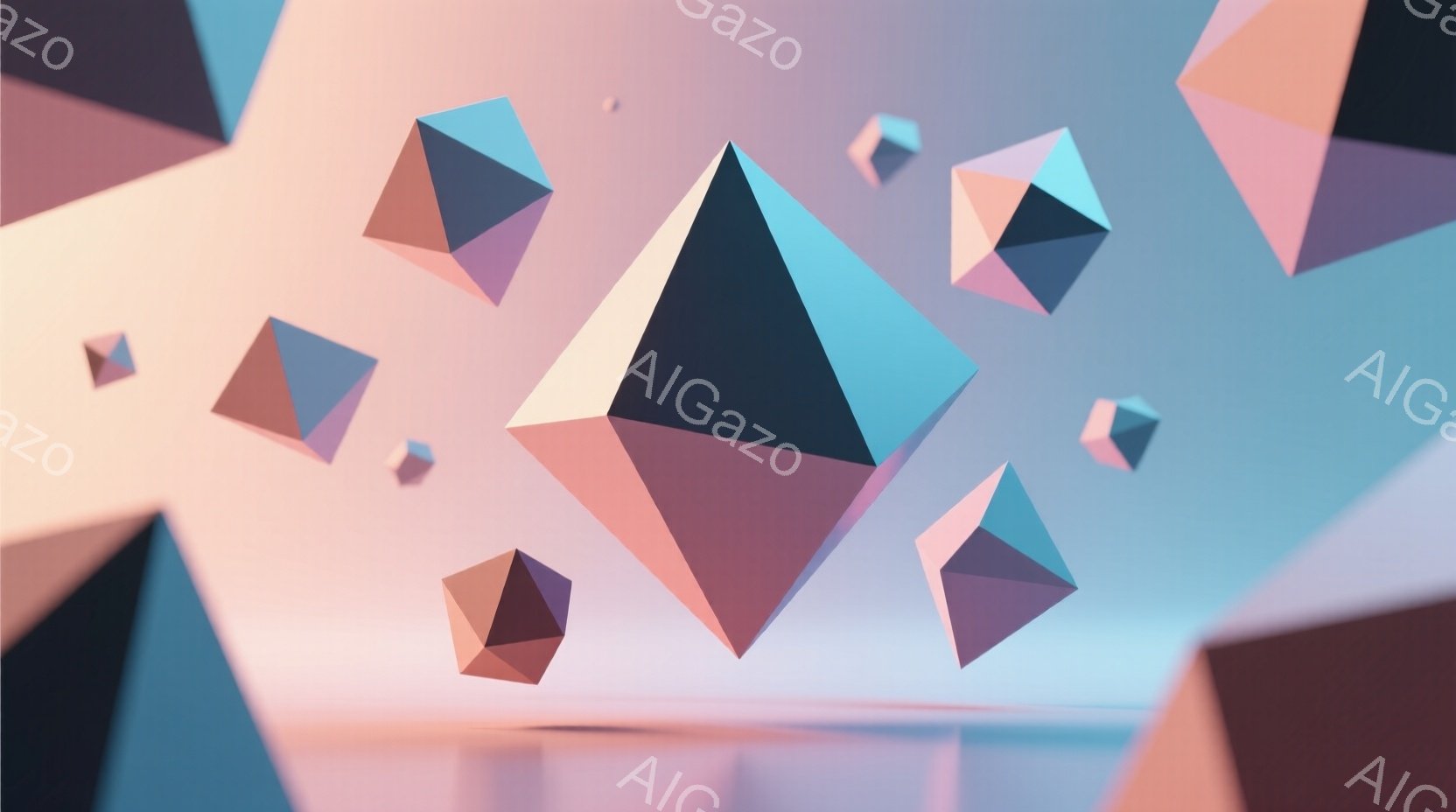 抽象的な画像で、様々な大きさの多面体が空中に浮かんでいます。色調はパステル調のピンク、オレンジ、水色で統一されており、背景はぼやけたグラデーションで、柔らかく幻想的な雰囲気を醸し出しています。立体的な - AI生成フリー素材