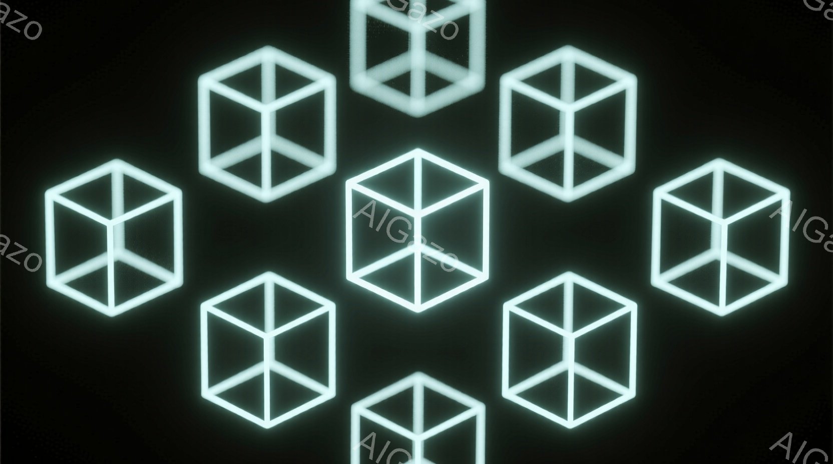 画像は、暗い背景に浮かび上がる、発光する白線で描かれた複数の立方体が並んだ様子を示しています。立方体は均等な間隔で配置され、まるで空間に散らばる光の粒子のような印象を与えます。全体的に未来的で神秘的な - AI生成フリー素材