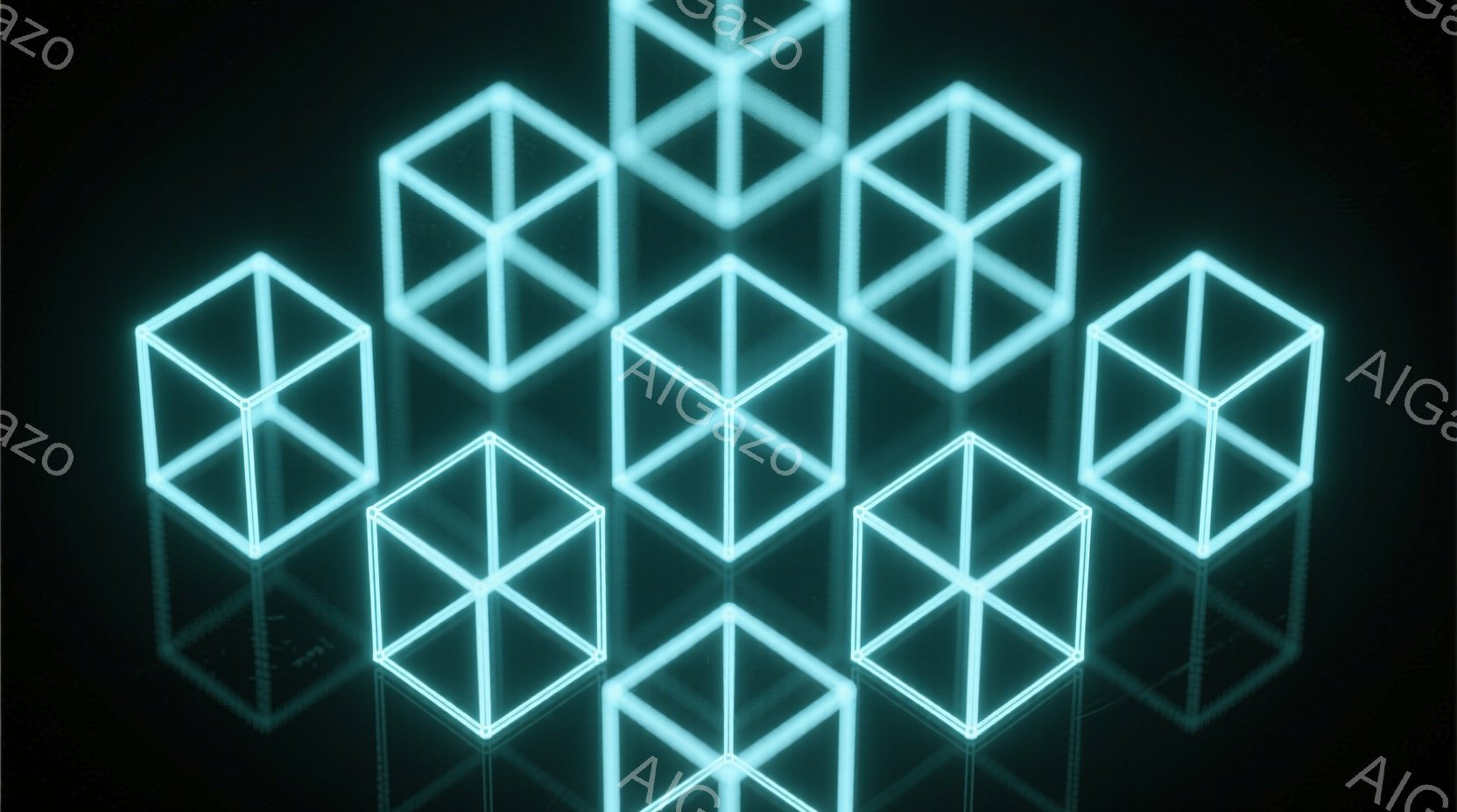 鮮やかな青色の光る立方体が、暗い背景に浮かび上がっている。立方体はワイヤーフレーム状で、未来的な印象を与える幾何学的な構成が特徴的だ。光の反射が床面に見られ、全体的に静かで神秘的な雰囲気を醸し出している。