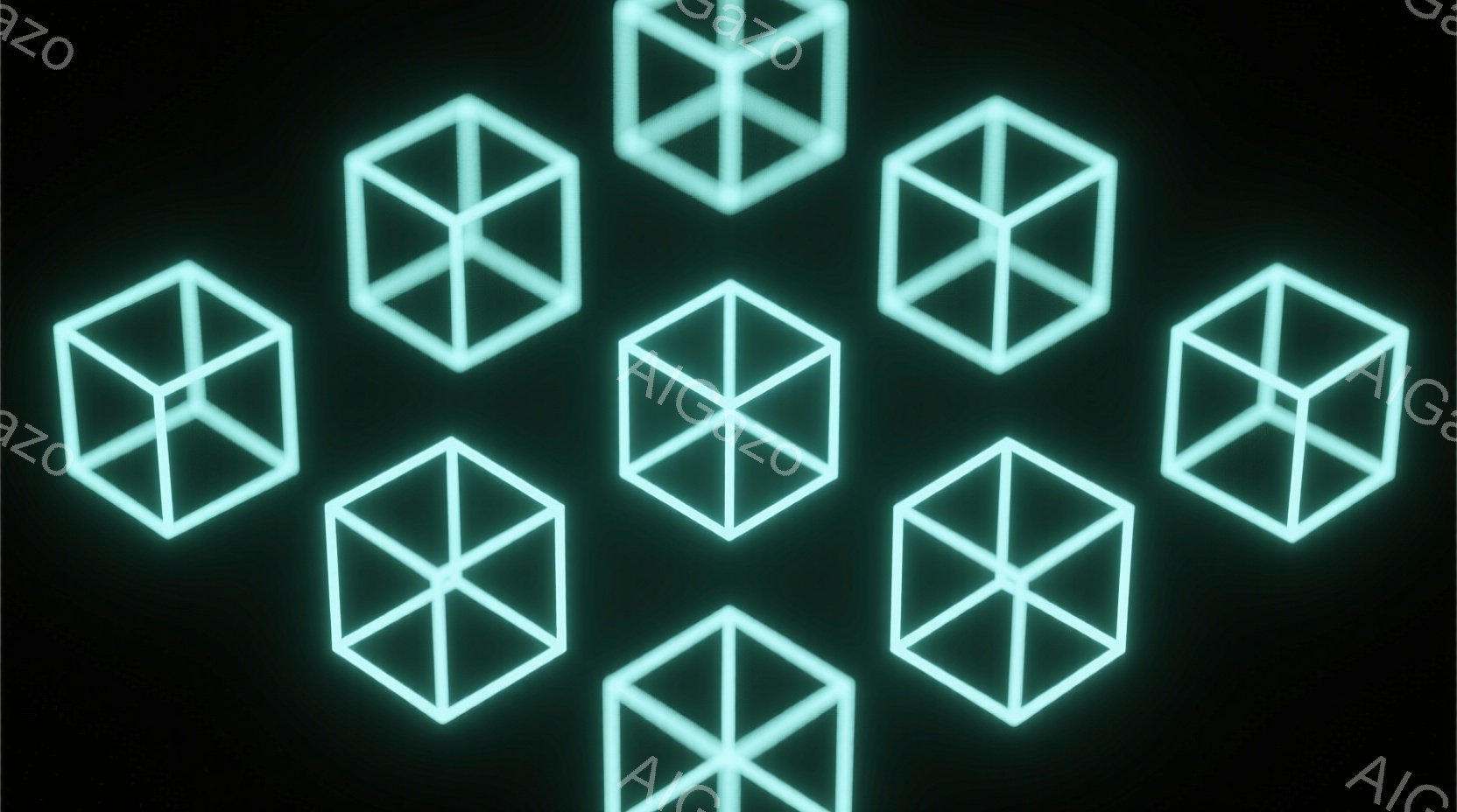 鮮やかなターコイズブルーの線で描かれた立方体が、黒い背景に散りばめられています。 立方体は等間隔に配置され、互いに重なり合うことなく、まるで光る星座のような印象を与えます。 全体的に、未来的でミニマルな雰囲気を醸し出しており、テクノロジーやデジタル空間を連想させます。