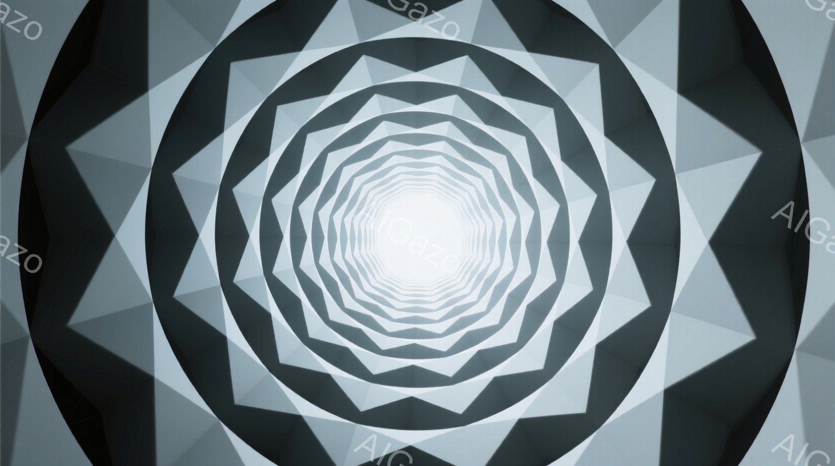 この画像は、中心に向かって収束する幾何学的なトンネルを描いた抽象的な表現です。灰色の三角形と四角形が規則的に配置され、奥行きと無限の感覚を作り出しています。明るい光が中心から放射しており、全体的に未来 - AI生成フリー素材