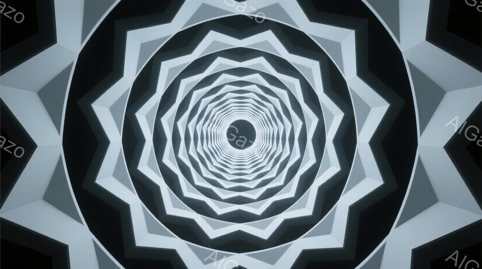 この画像は、中心に向かって収束する幾何学的なトンネルを描いています。白とグレーの多角形が層状になっており、まるで無限に続く奥行きを感じさせます。暗闇の中央の黒い空間が、視覚的な深みと神秘的な雰囲気を強調しています。