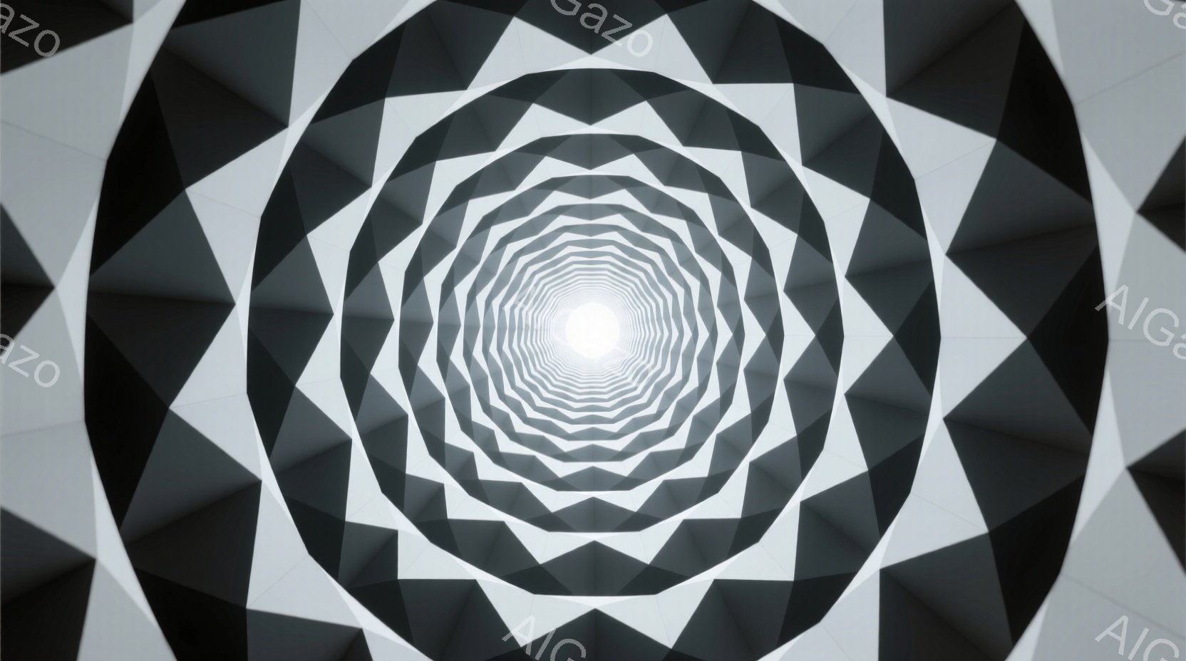 この画像は、白と黒の三角形が無限に続く、渦巻くトンネルのような視覚的な幻影を描いています。光が中心点から放射状に広がり、奥行きを感じさせます。幾何学的な模様が規則的に繰り返され、見る者に無限の空間と奥行きを感じさせる、抽象的で未来的雰囲気を作り出しています。