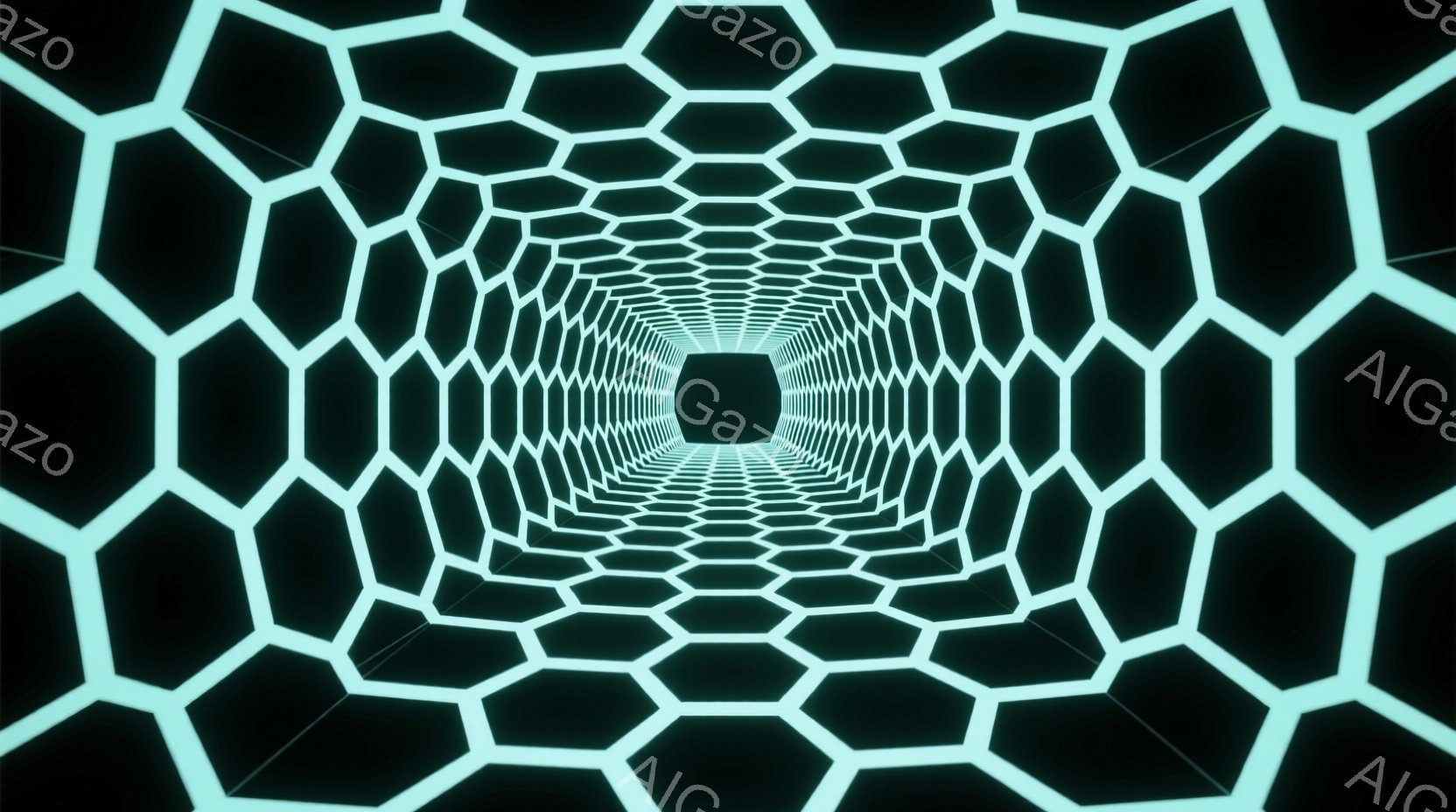 この画像は、無限に続く六角形のトンネルを描写しています。六角形は明るい緑色で光っており、黒い背景とのコントラストが際立っています。奥行きが強調され、遠近法によって視覚的な没入感を生み出しています。 - AI生成フリー素材