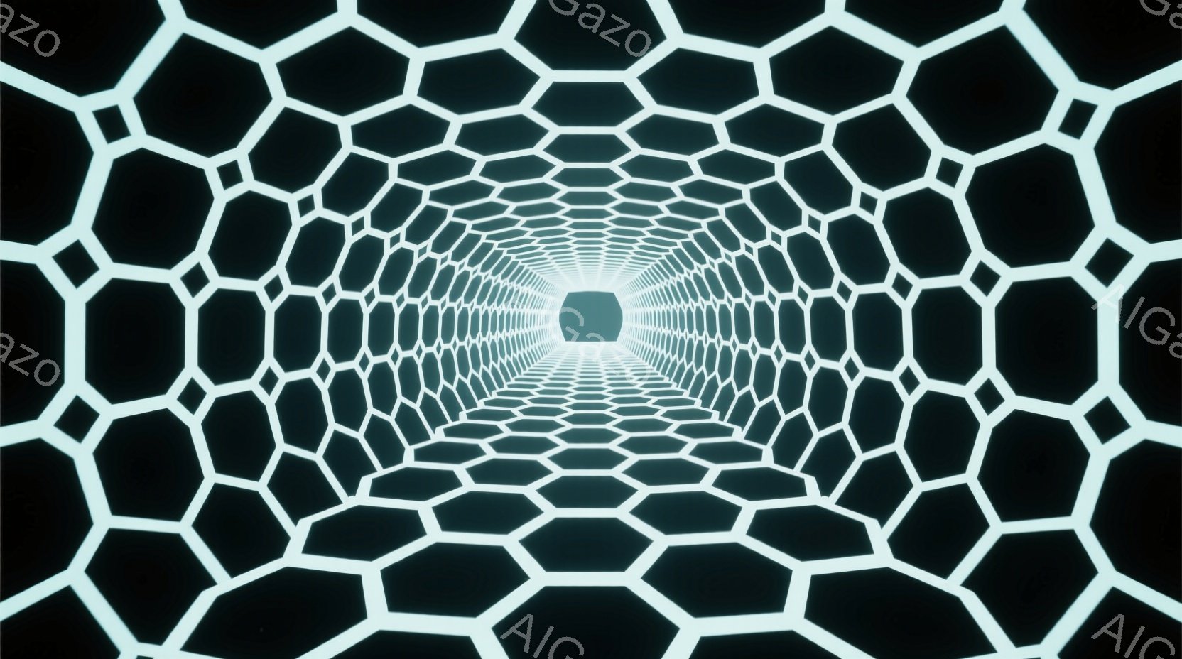 この画像は、六角形が無限に続くトンネルのような空間を描写している。暗い背景に、明るい六角形が規則的に並び、遠近感によって奥へと吸い込まれるような視覚効果を生み出している。全体的に神秘的で未来的な雰囲気 - AI生成フリー素材