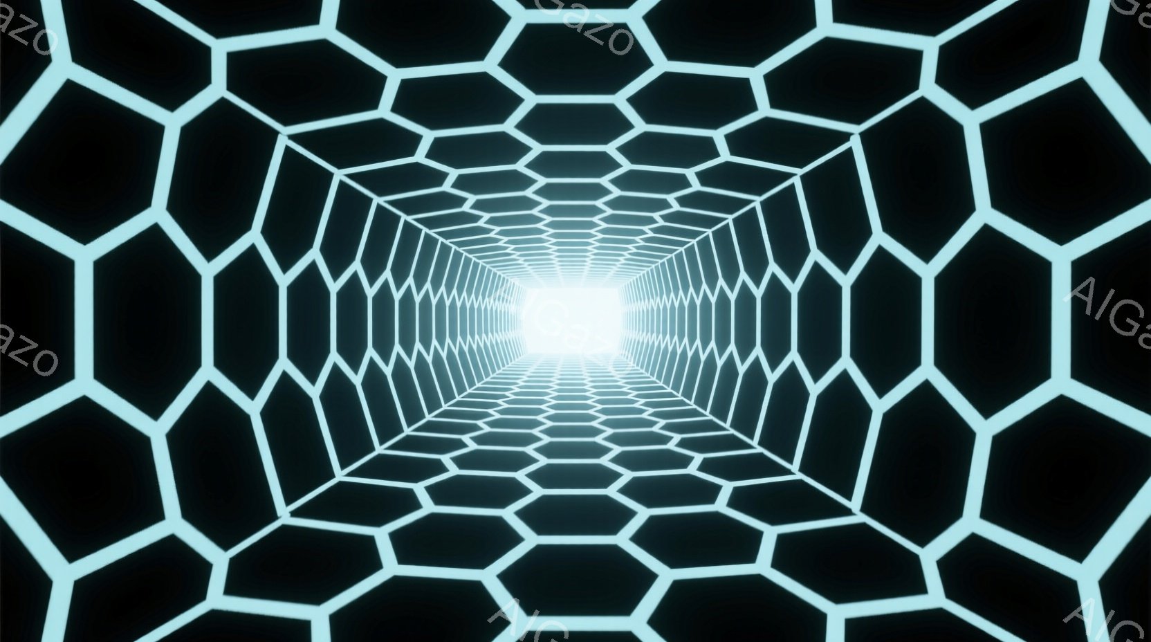 この画像は、六角形のタイルが無限に続くトンネルの視覚的表現である。鮮やかな白い光が遠くの終点から発しており、タイルは暗い背景に白く縁取られており、奥行きと立体感を生み出している。この配置は、未来的な雰囲気と、無限に続く空間への没入感を強調している。