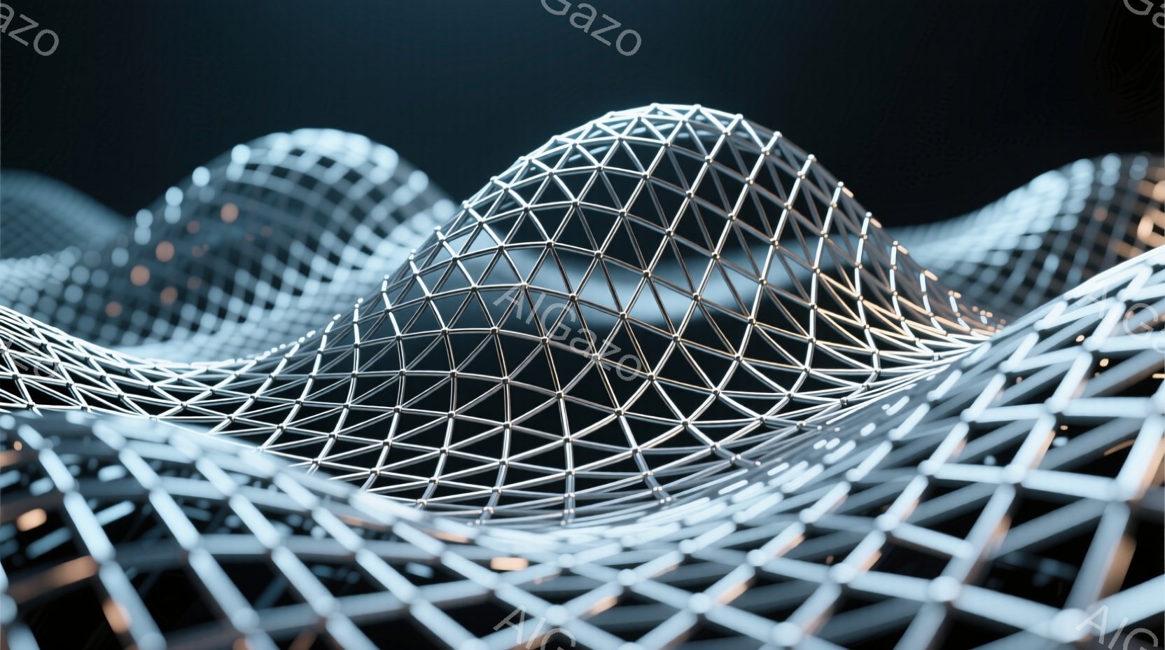 この画像は、複雑な幾何学的な構造が連なる抽象的な表現です。光沢のある金属製の線が三角形のグリッド状に組み合わさり、波のような起伏を生み出しています。背景は暗く、構造のコントラストを強調し、未来的な雰囲 - AI生成フリー素材