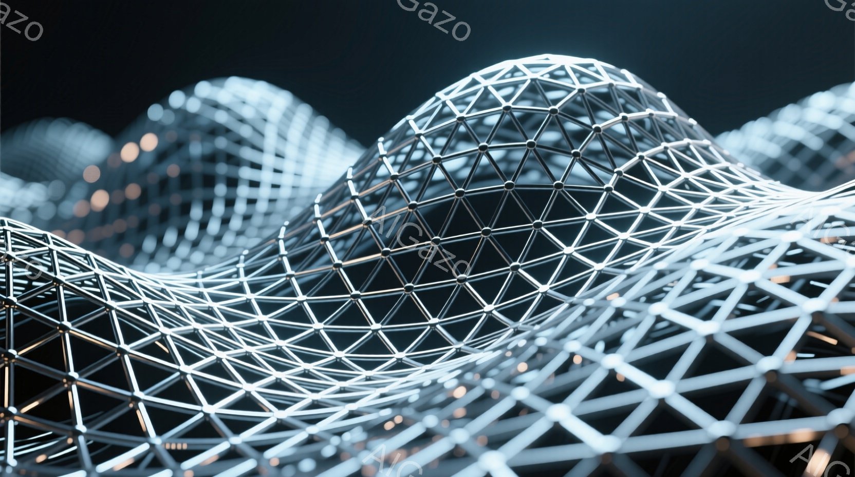 この画像は、複雑な三角形の格子構造が幾重にも重なり合った抽象的な表現です。構造物は光沢のある金属のような質感で、光が反射して未来的な印象を与えます。背景は暗く、格子構造が際立っており、まるで未知のエネルギーの流れを視覚化したかのようです。