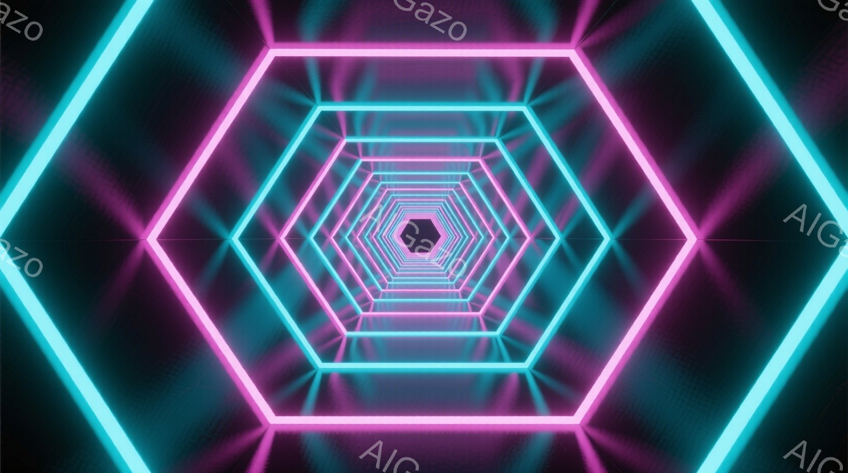 この画像は、ネオンピンクとターコイズブルーの光が幾重にも重なった六角形のトンネルを描いています。中心に向かって狭まっていく六角形が無限に続いているように見え、サイバーパンクや未来的な雰囲気を醸し出して - AI生成フリー素材