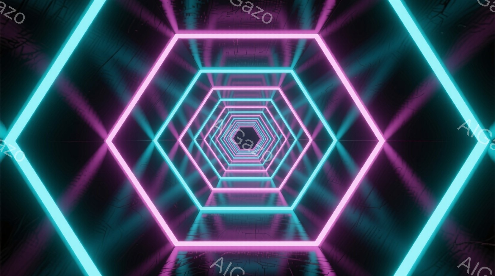 鮮やかなネオンピンクとターコイズブルーの六角形が、無限に続くトンネルのような空間を形作っています。暗い背景に光るラインが幾重にも重なり、未来的な雰囲気と奥行きを感じさせます。まるでサイバー空間に迷い込 - AI生成フリー素材