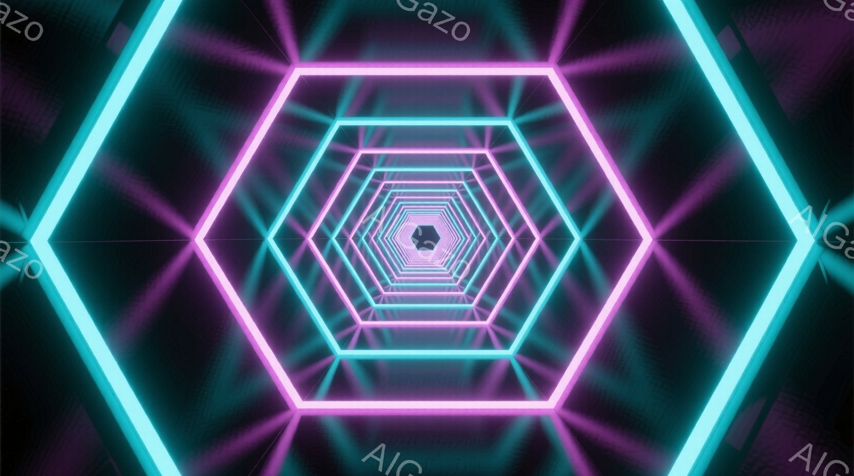 この画像は、ネオンピンクとターコイズブルーの光が無限に続く六角形のトンネルを描いています。光線は中心に向かって収束し、未来的な雰囲気と奥行きのある視覚効果を生み出しています。全体的に暗い背景が、鮮やか - AI生成フリー素材