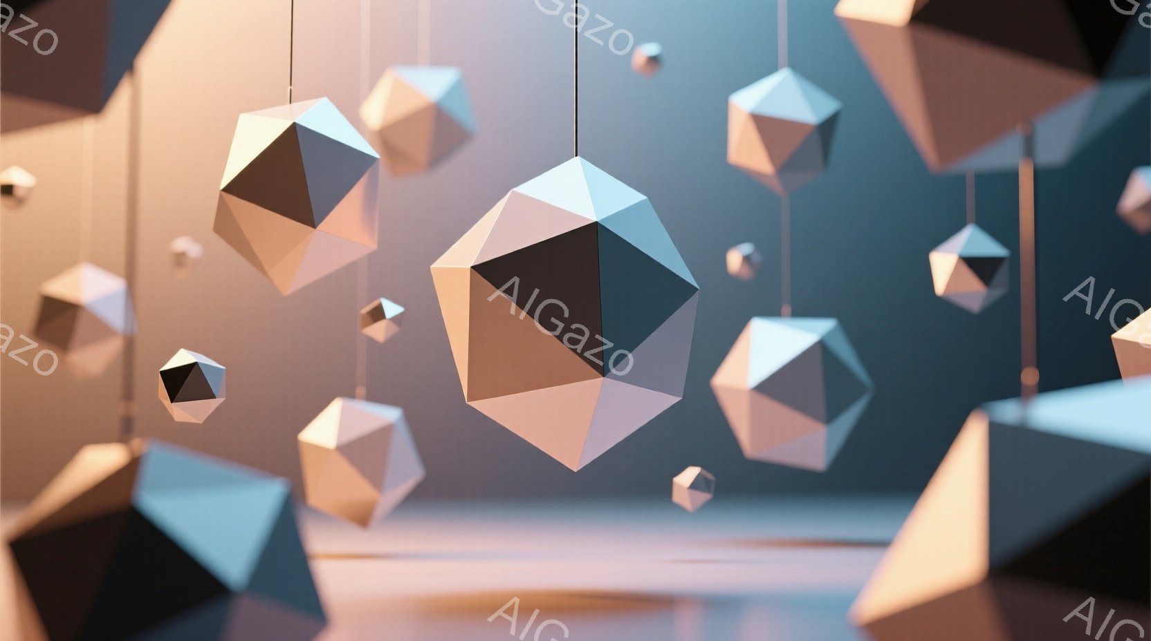 この画像は、様々なサイズの多面体が、上から吊るされた様子を捉えています。多面体は白とグレーの色調で、光沢があり、現代的でミニマルな印象を与えます。背景はぼやけた淡い色合いで、多面体が際立っており、静かで瞑想的な雰囲気を醸し出しています。