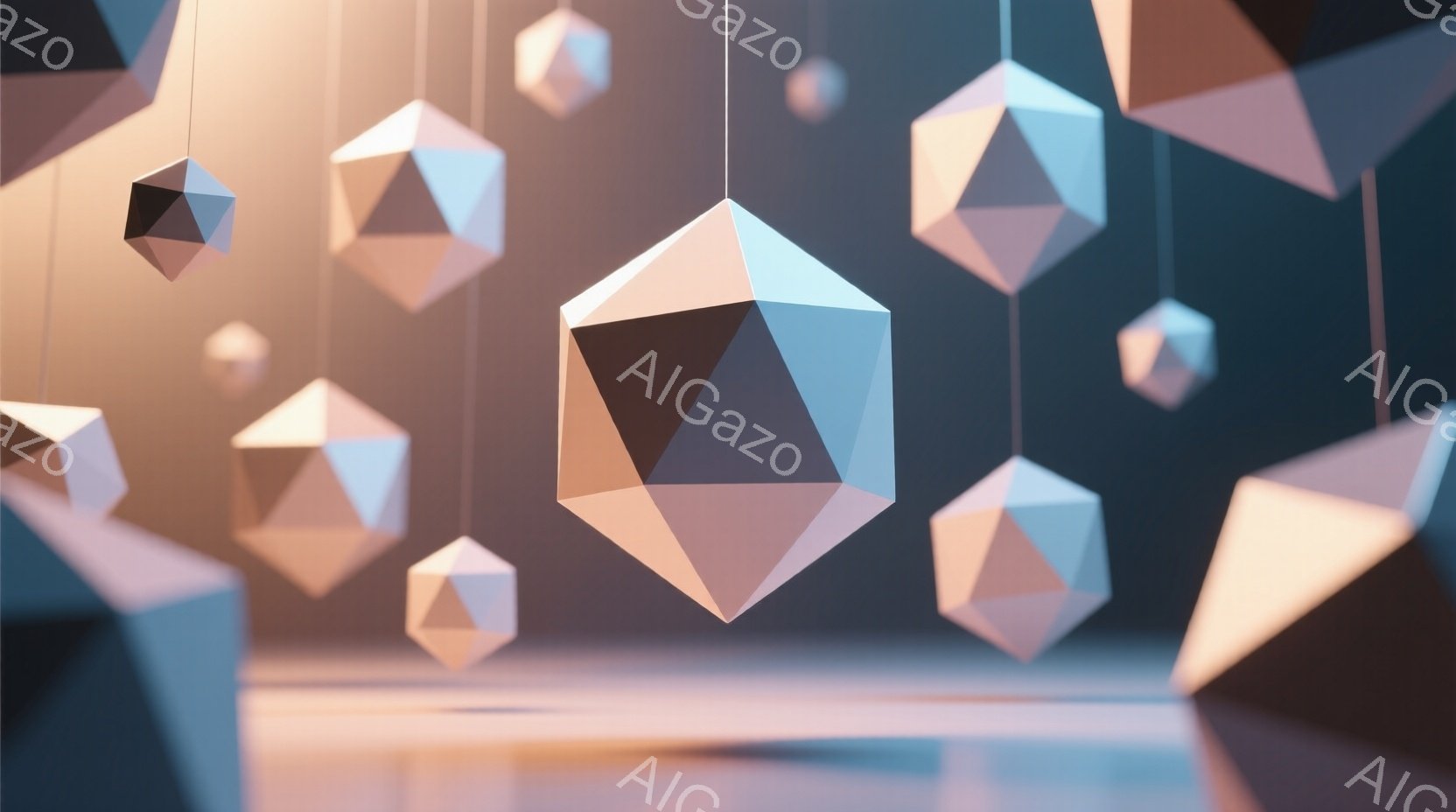 画像は、多面体のような幾何学的な形が多数、上から吊り下げられている様子を描いています。これらの形は、ピンクとグレーの微妙なグラデーションで彩色され、光沢のある表面が特徴です。背景は暗く、ぼやけており、 - AI生成フリー素材