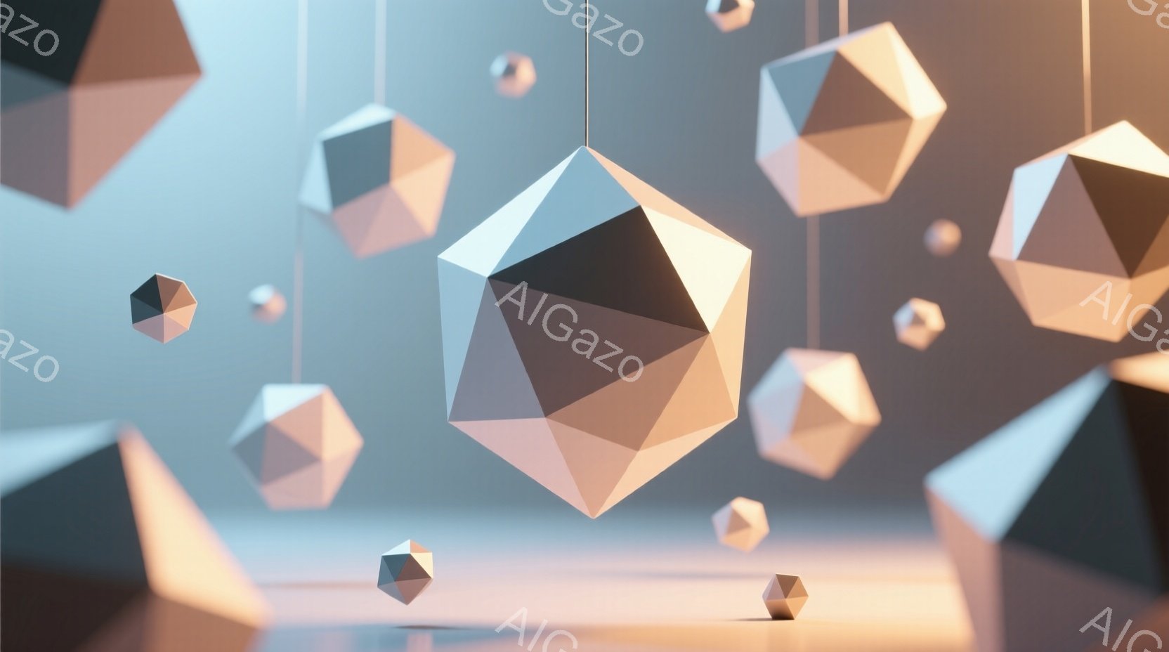 幾何学的な多面体が多数、糸で吊り下げられており、それぞれが柔らかい光を受けて輝いている。背景はぼんやりとした水色とオレンジ色のグラデーションで、ミニマルで夢幻的な雰囲気を醸し出している。全体的に、静か - AI生成フリー素材